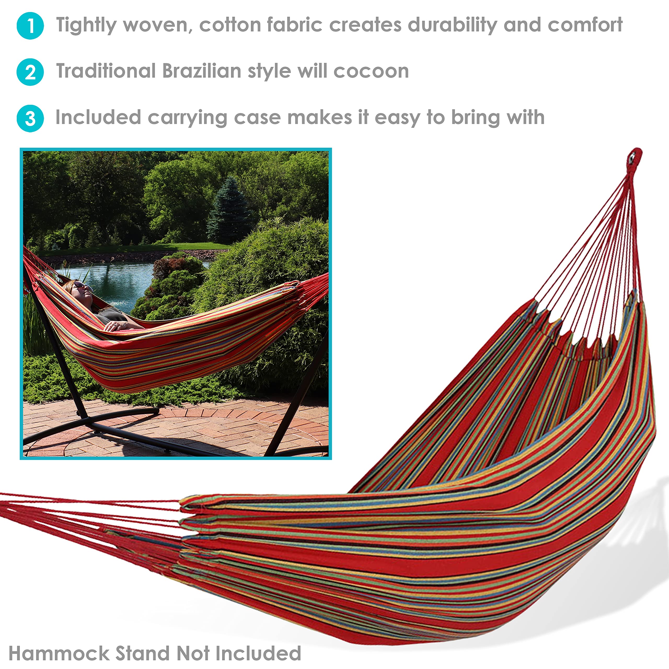 Sunnydaze Brazilian Double Hammock hanging between trees