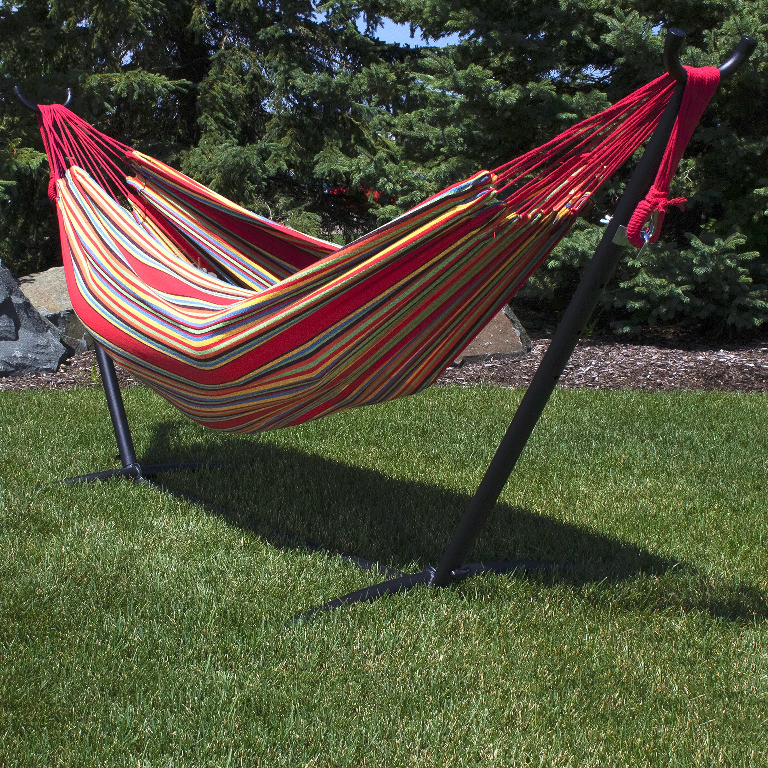 Sunnydaze Brazilian Double Hammock set up in a backyard