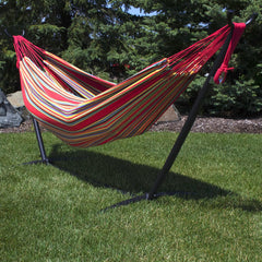 Sunnydaze Brazilian Double Hammock set up in a backyard