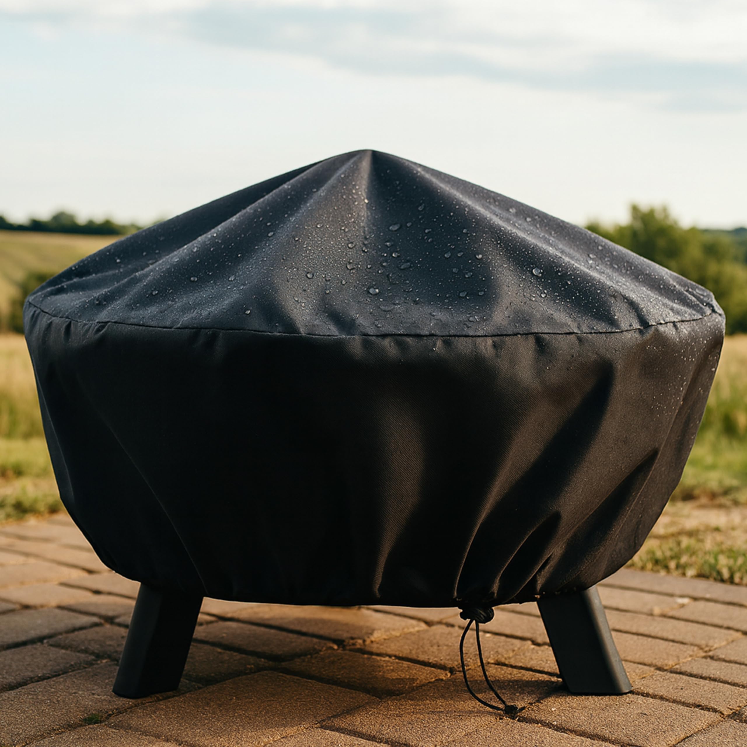 Sunnydaze fire pit cover displayed on patio table