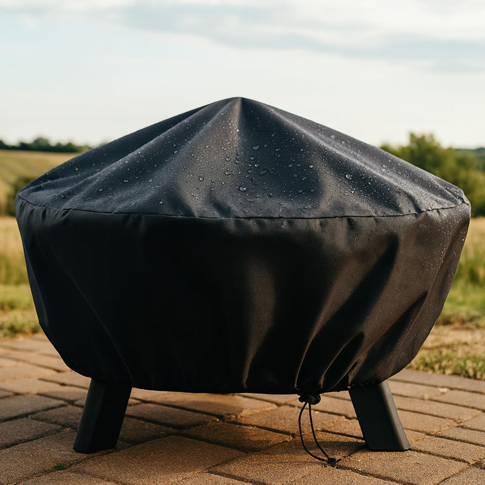 Sunnydaze fire pit cover displayed on patio table
