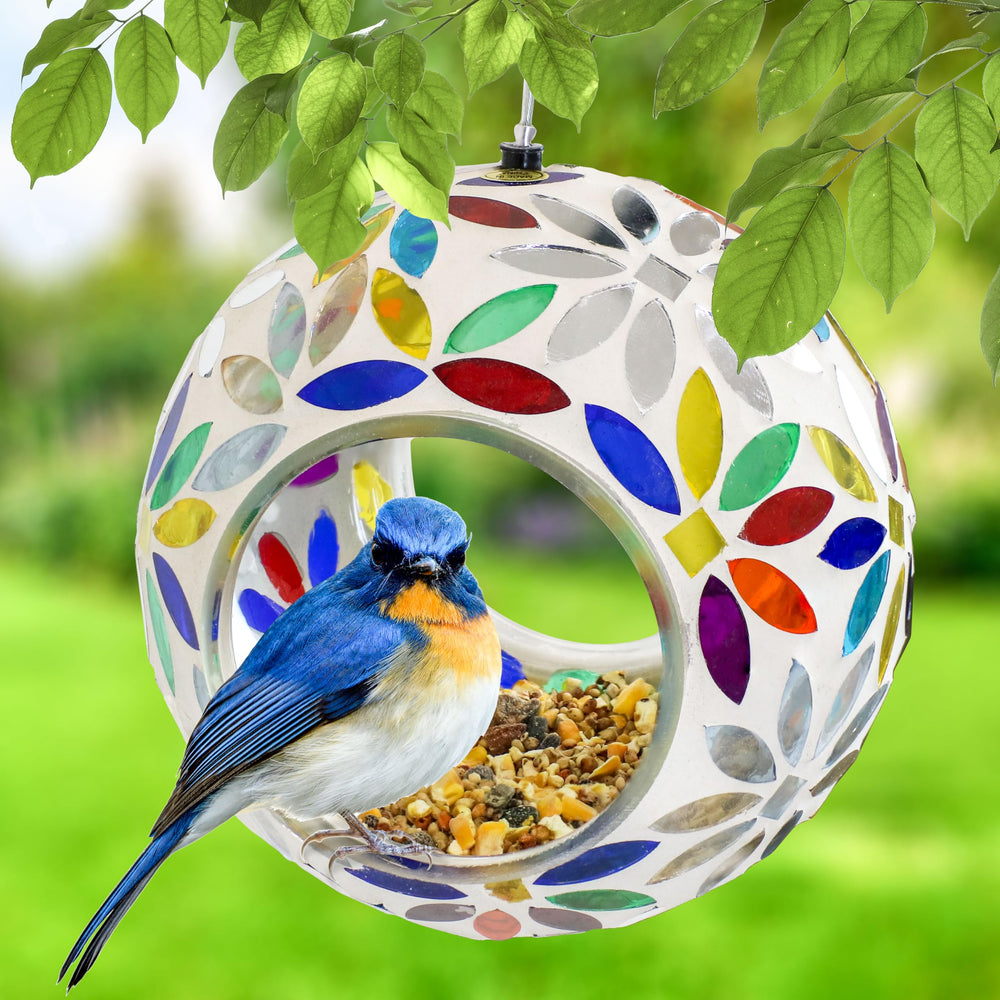 Sunnydaze Mosaic Glass Bird Feeder being hung on a tree branch