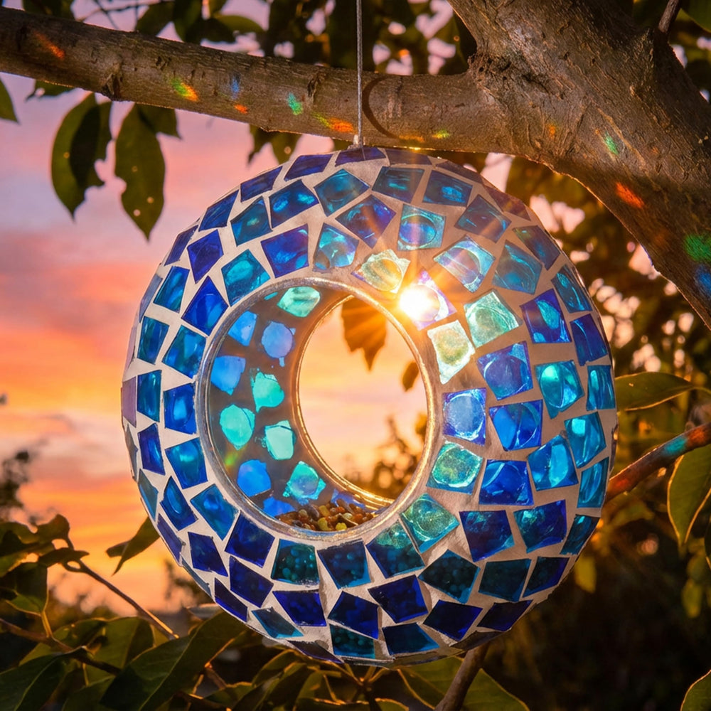 Sunnydaze Mosaic Glass Bird Feeder casting reflections in sunlight