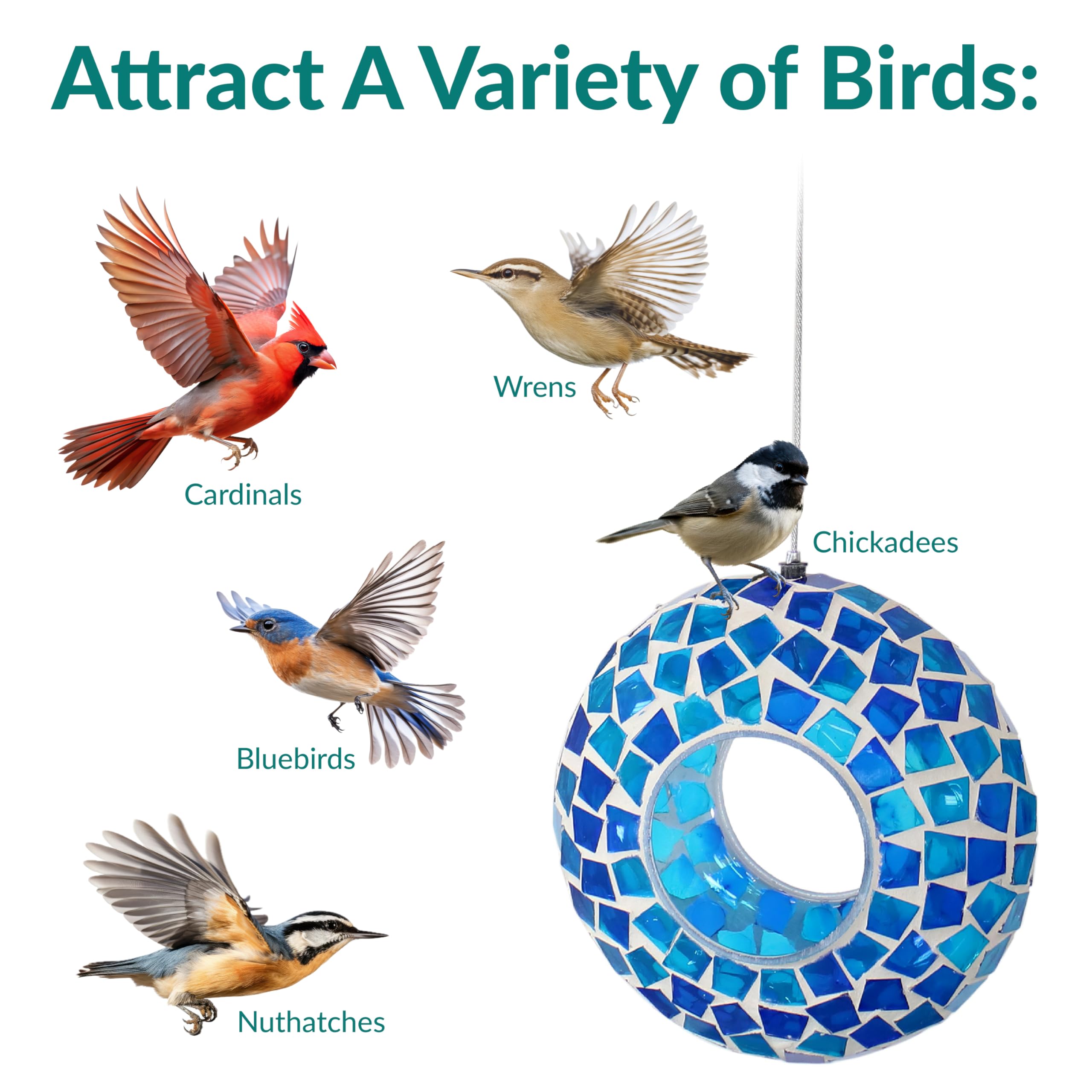 Sunnydaze Mosaic Glass Bird Feeder filled with birdseed