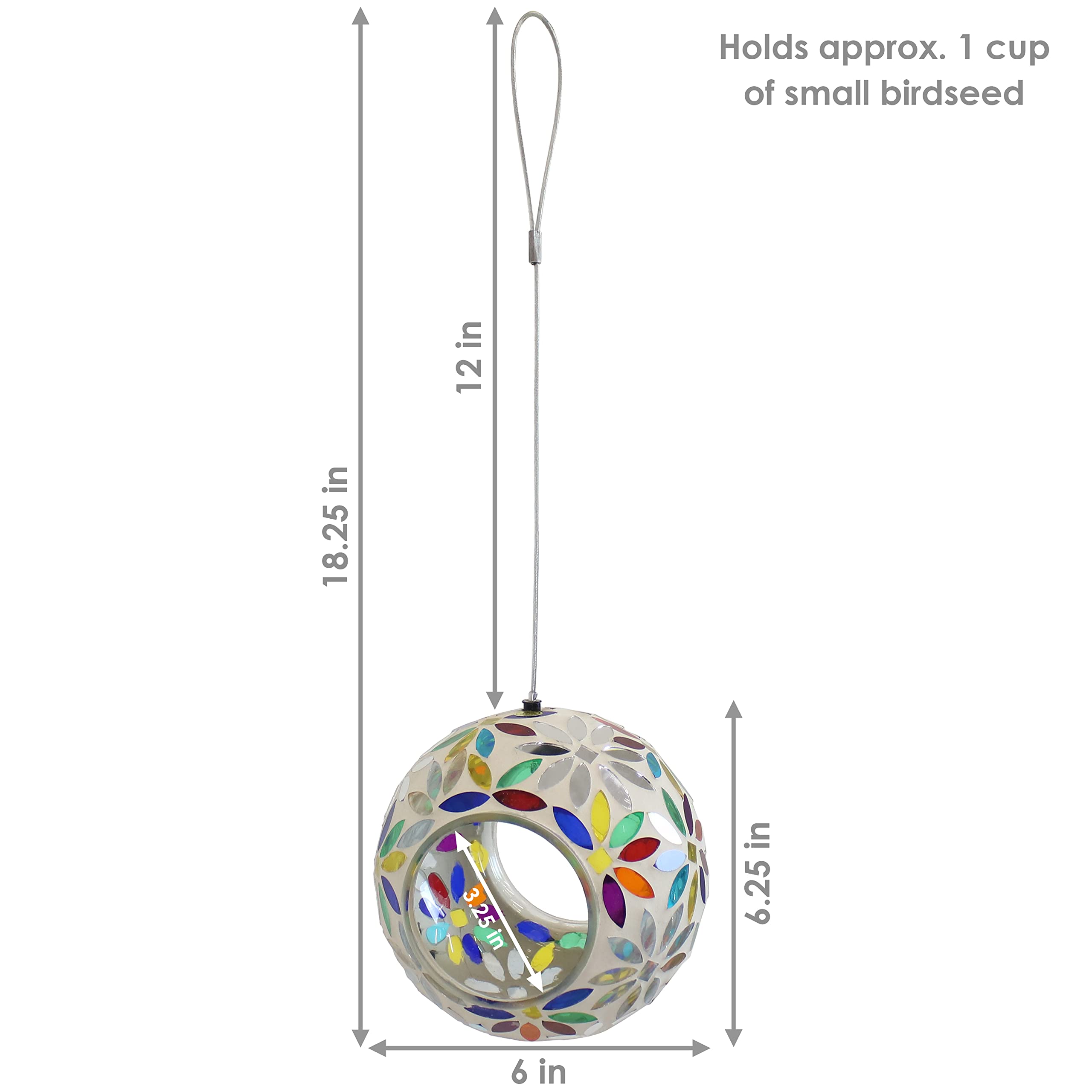 Sunnydaze Mosaic Glass Bird Feeder filled with birdseed