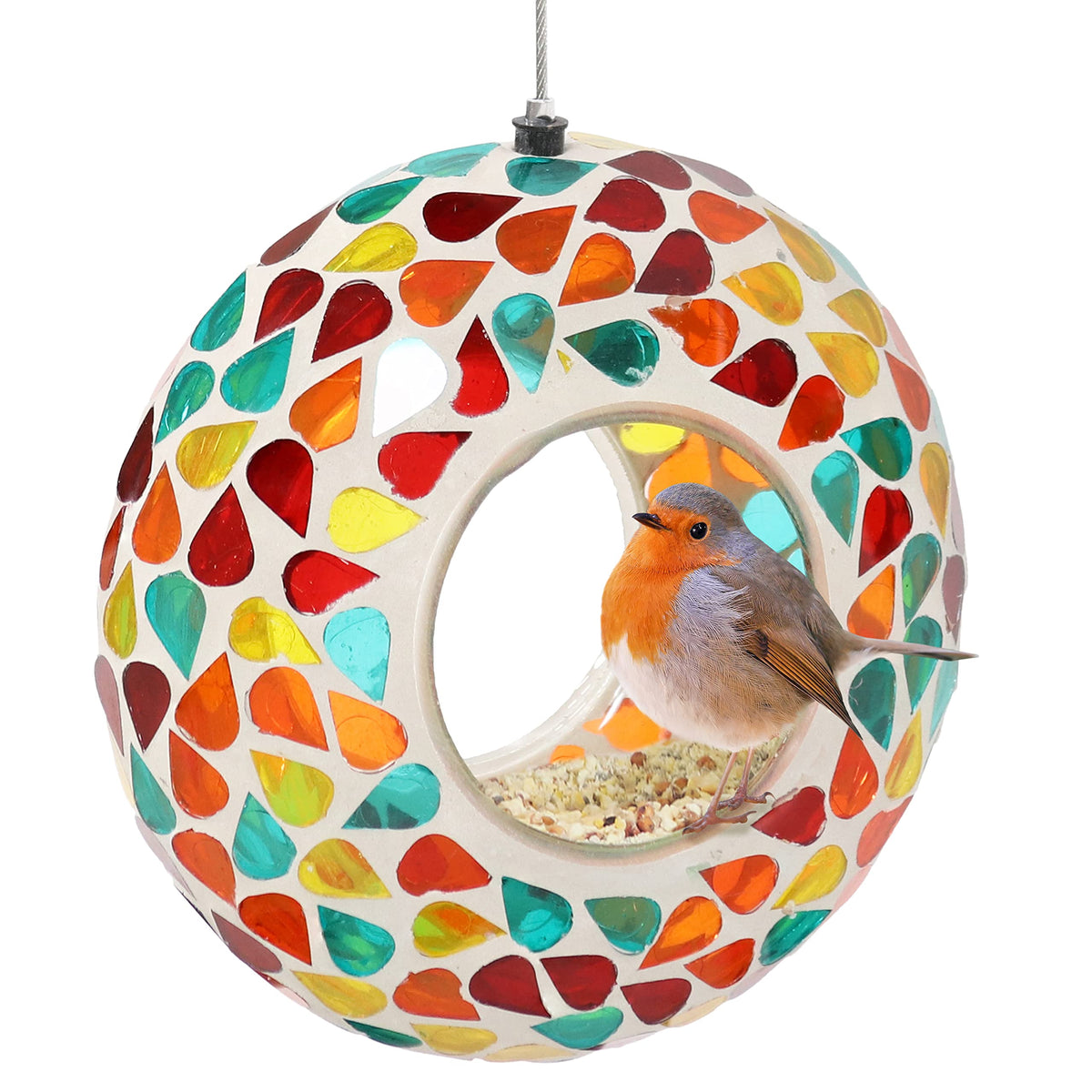 Sunnydaze Mosaic Glass Bird Feeder front view in Confetti Mosaic