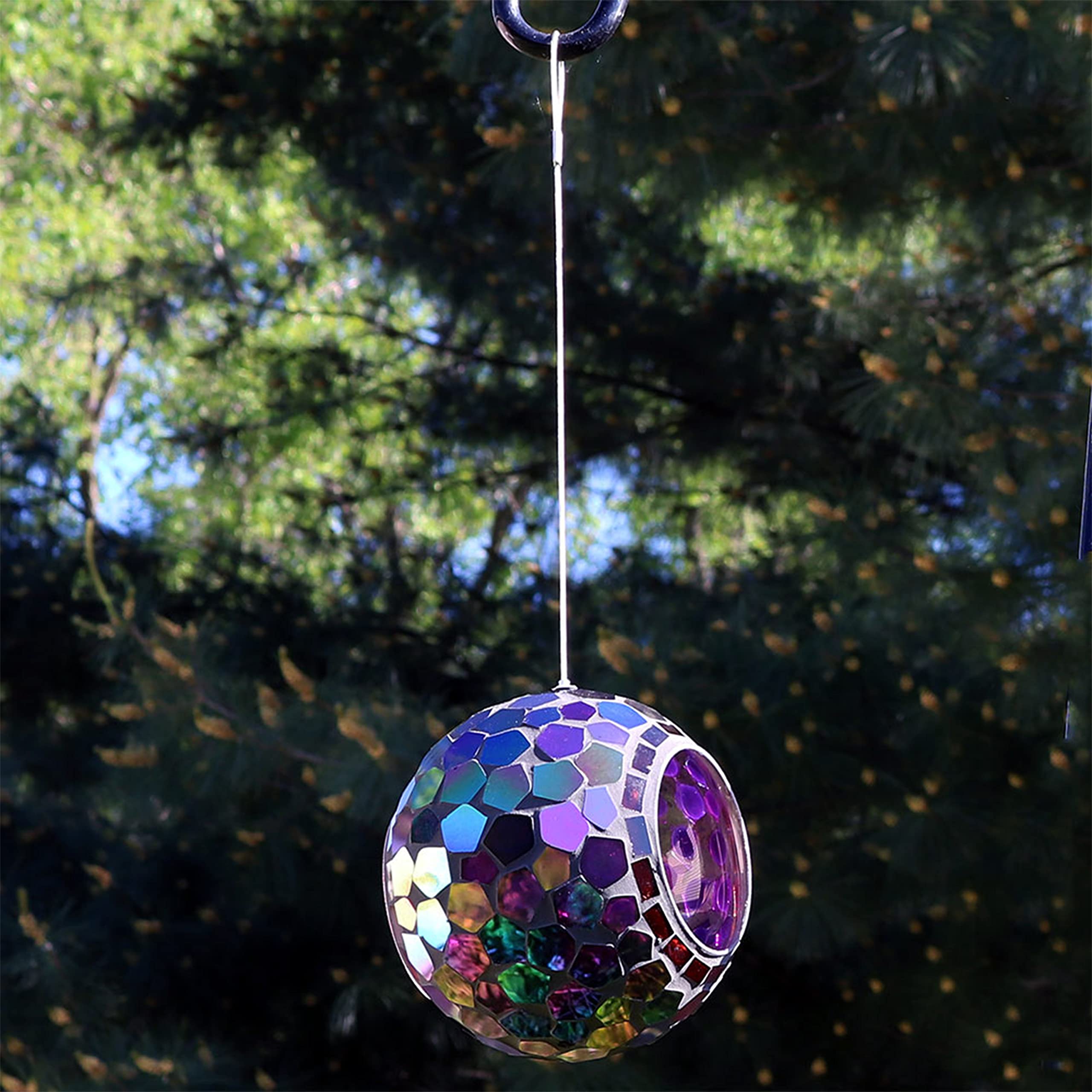 Sunnydaze Mosaic Glass Bird Feeder in a garden setting