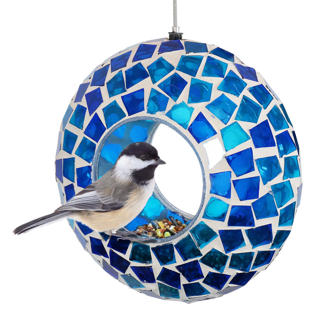 Sunnydaze Mosaic Glass Bird Feeder in blue mosaic front view