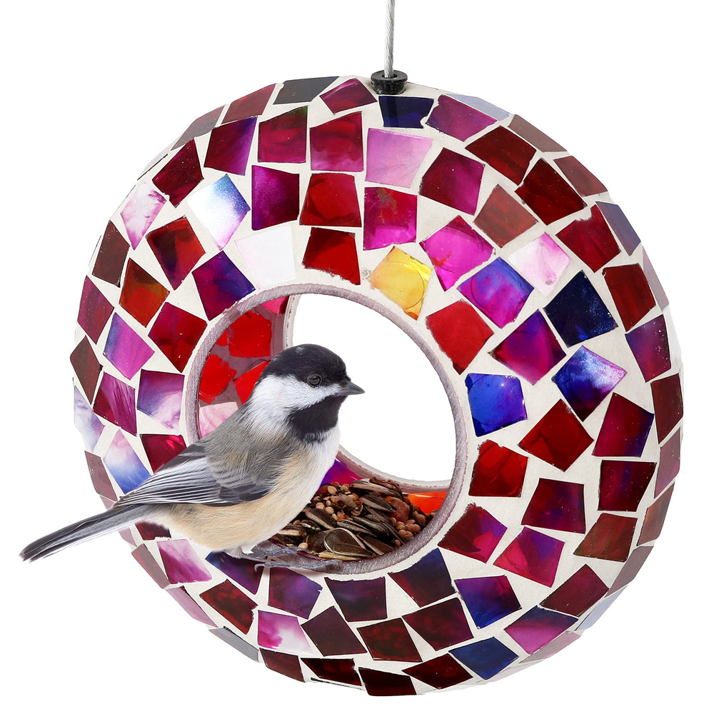 Sunnydaze Mosaic Glass Bird Feeder in Crimson Mosaic, front view