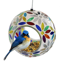 Sunnydaze Mosaic Glass Bird Feeder in Rainbow Daisies, front view
