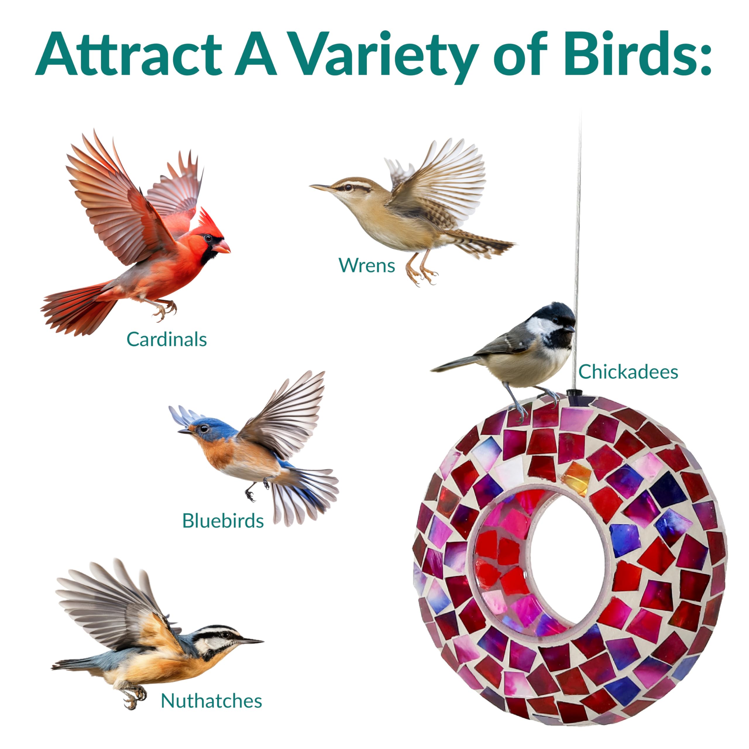 Sunnydaze Mosaic Glass Bird Feeder showing iridescent glass