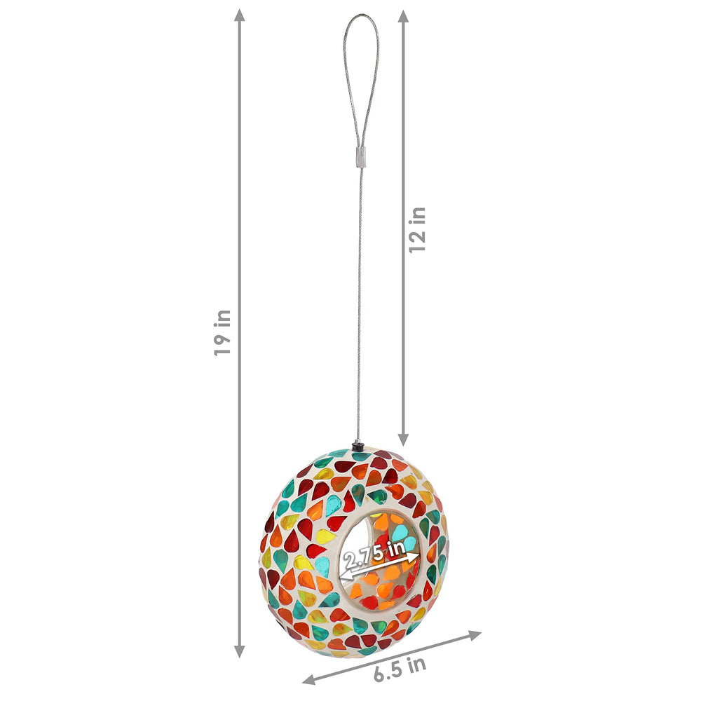 Sunnydaze Mosaic Glass Bird Feeder with sunlight reflecting off the glass