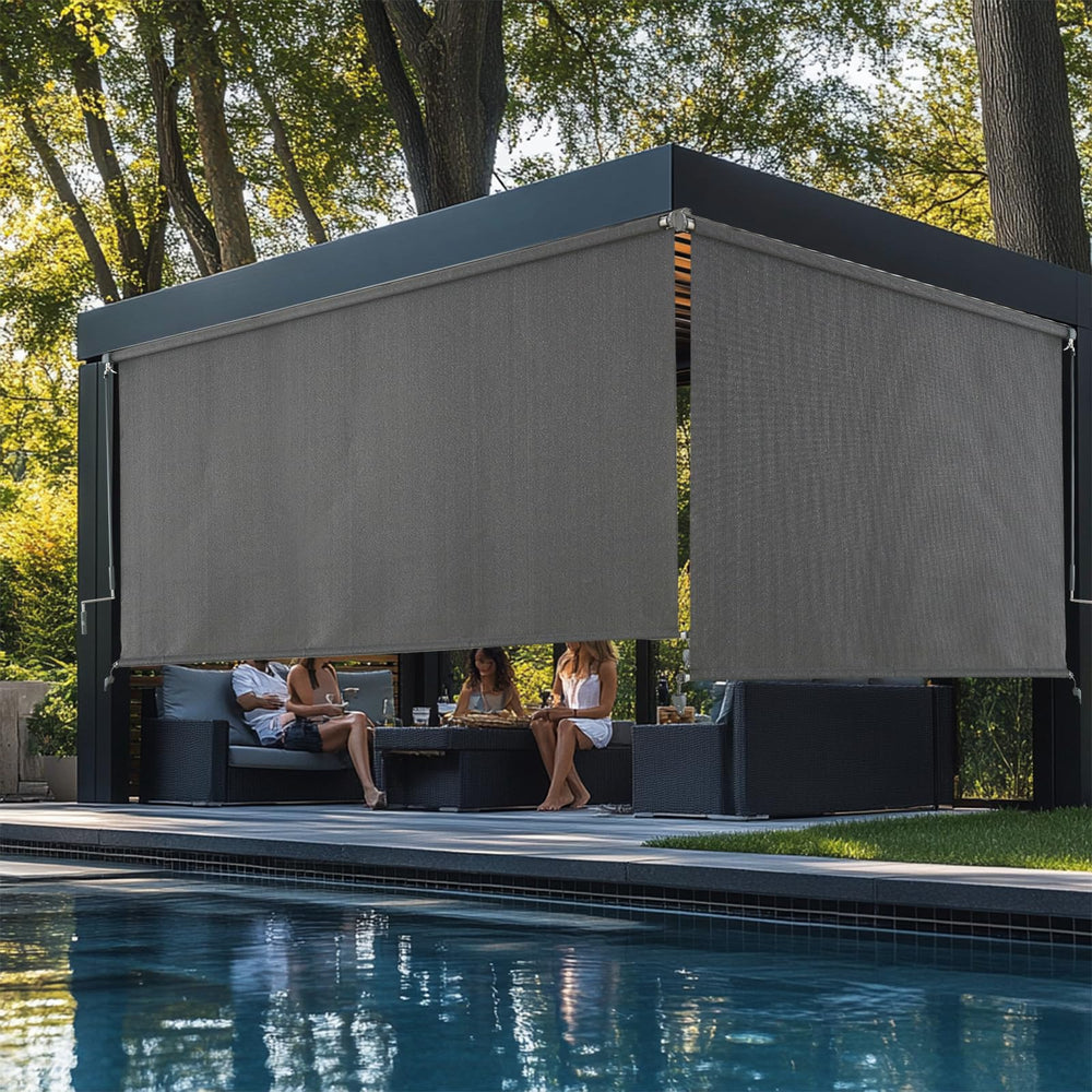 sunoff Outdoor Roller Shades grey colour displayed