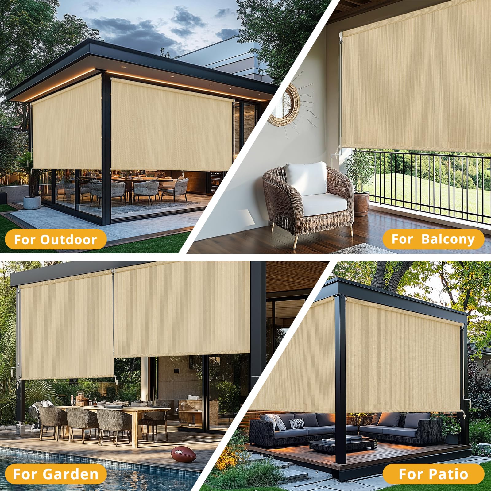 sunoff Outdoor Roller Shades in a backyard setting