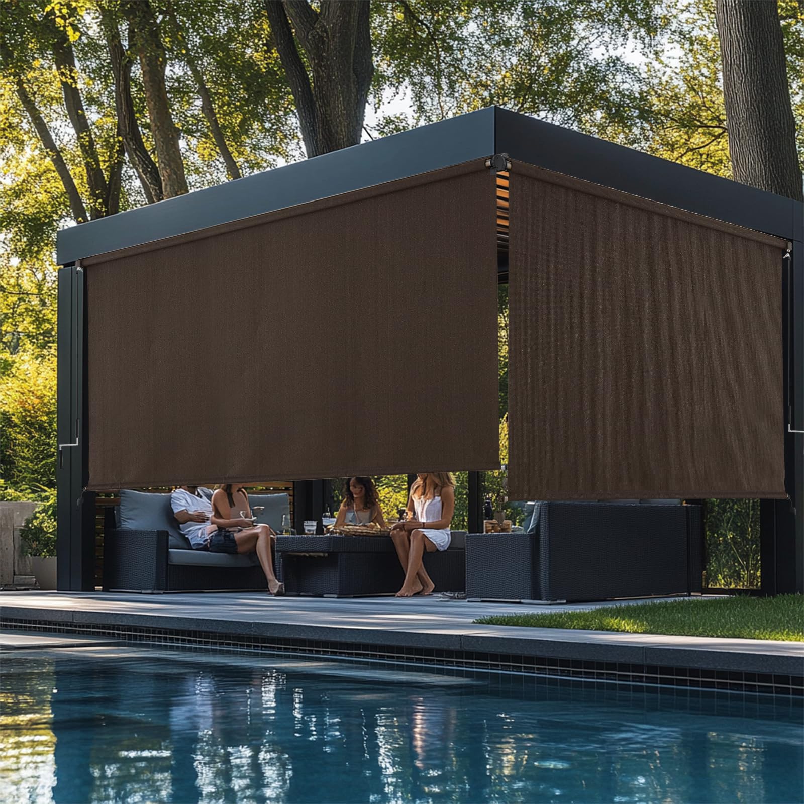 Sunoff Outdoor Roller Shades in Mocha colour, rolled up
