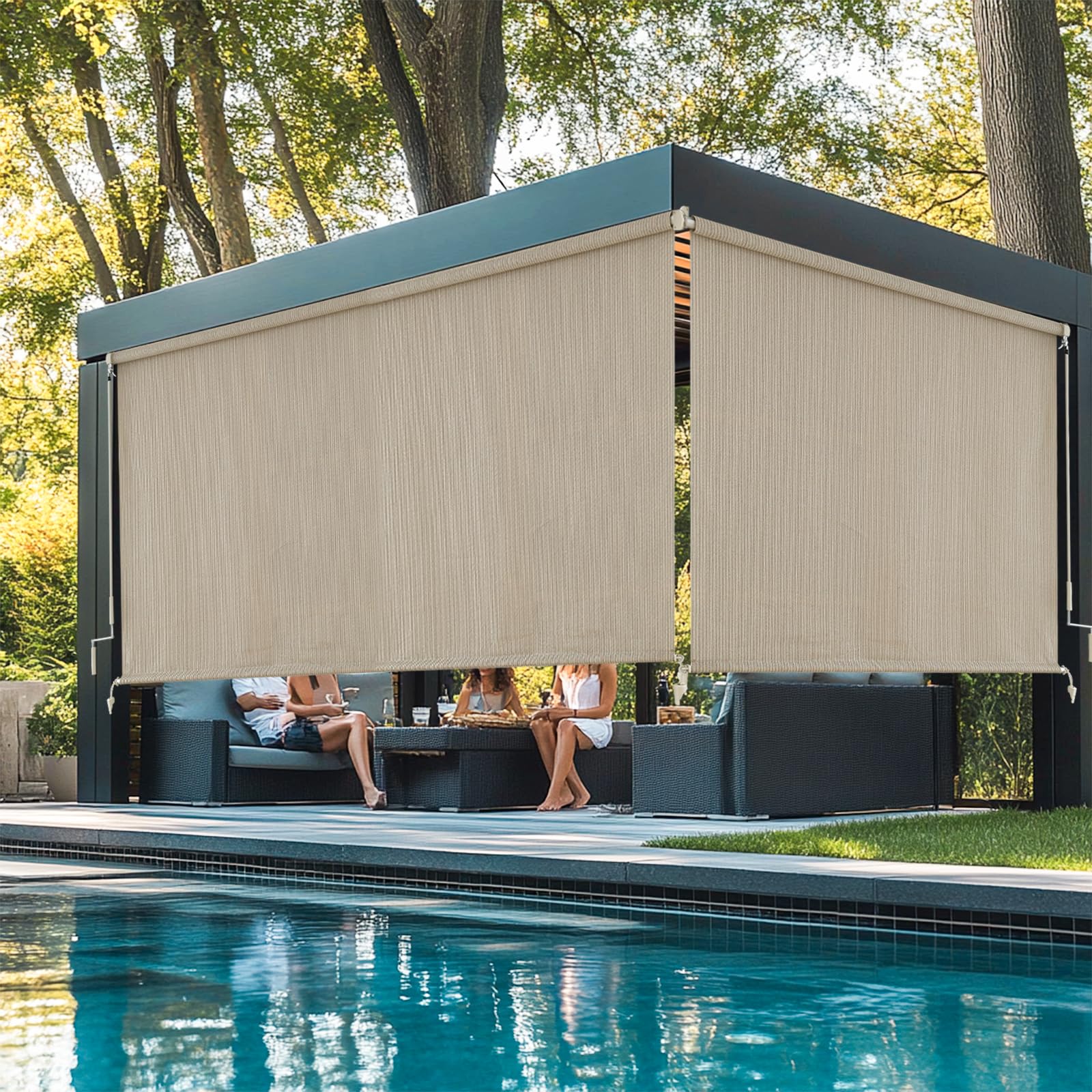 sunoff Outdoor Roller Shades in open position