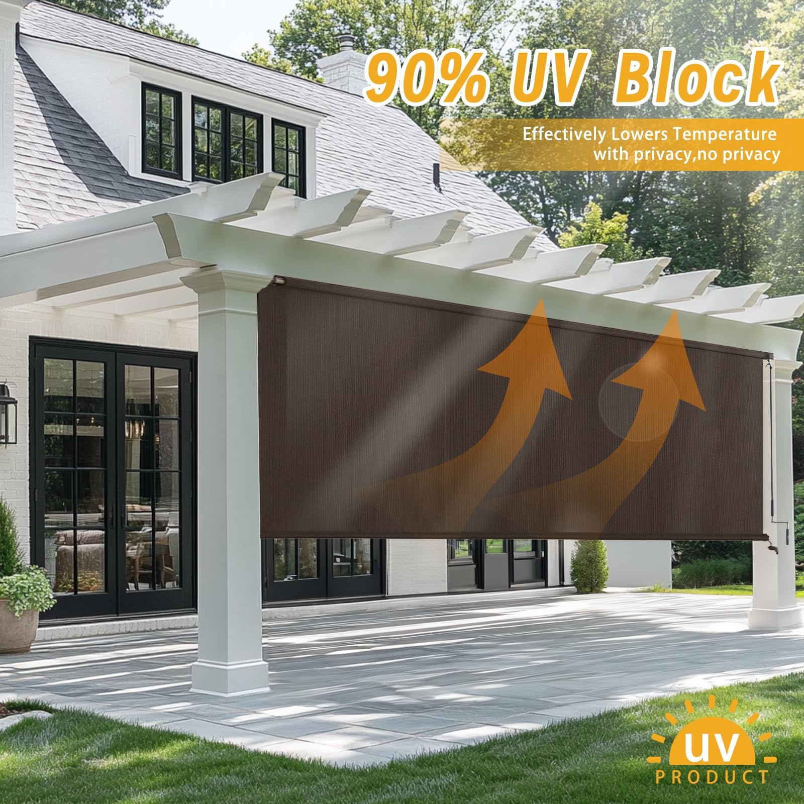 sunoff Outdoor Roller Shades in use on a patio