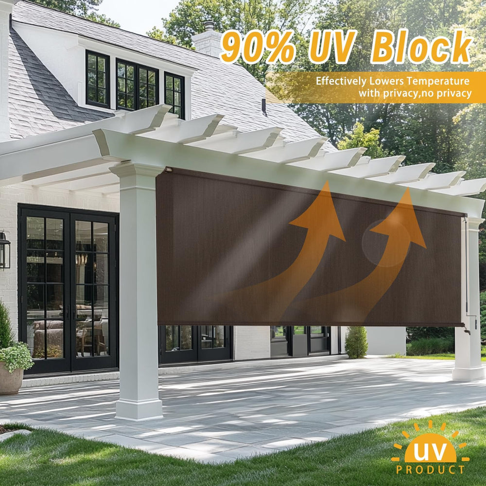sunoff Outdoor Roller Shades in use on a patio