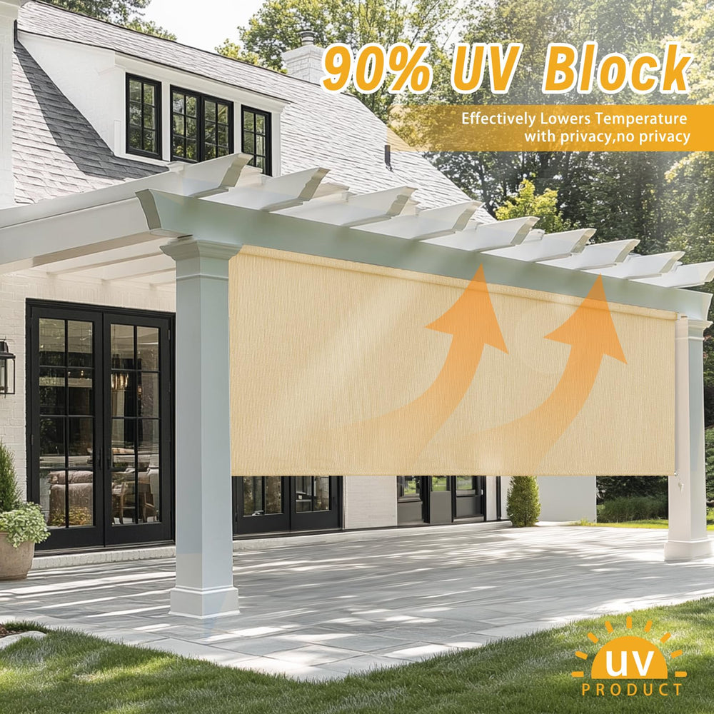 sunoff Outdoor Roller Shades installed on a patio