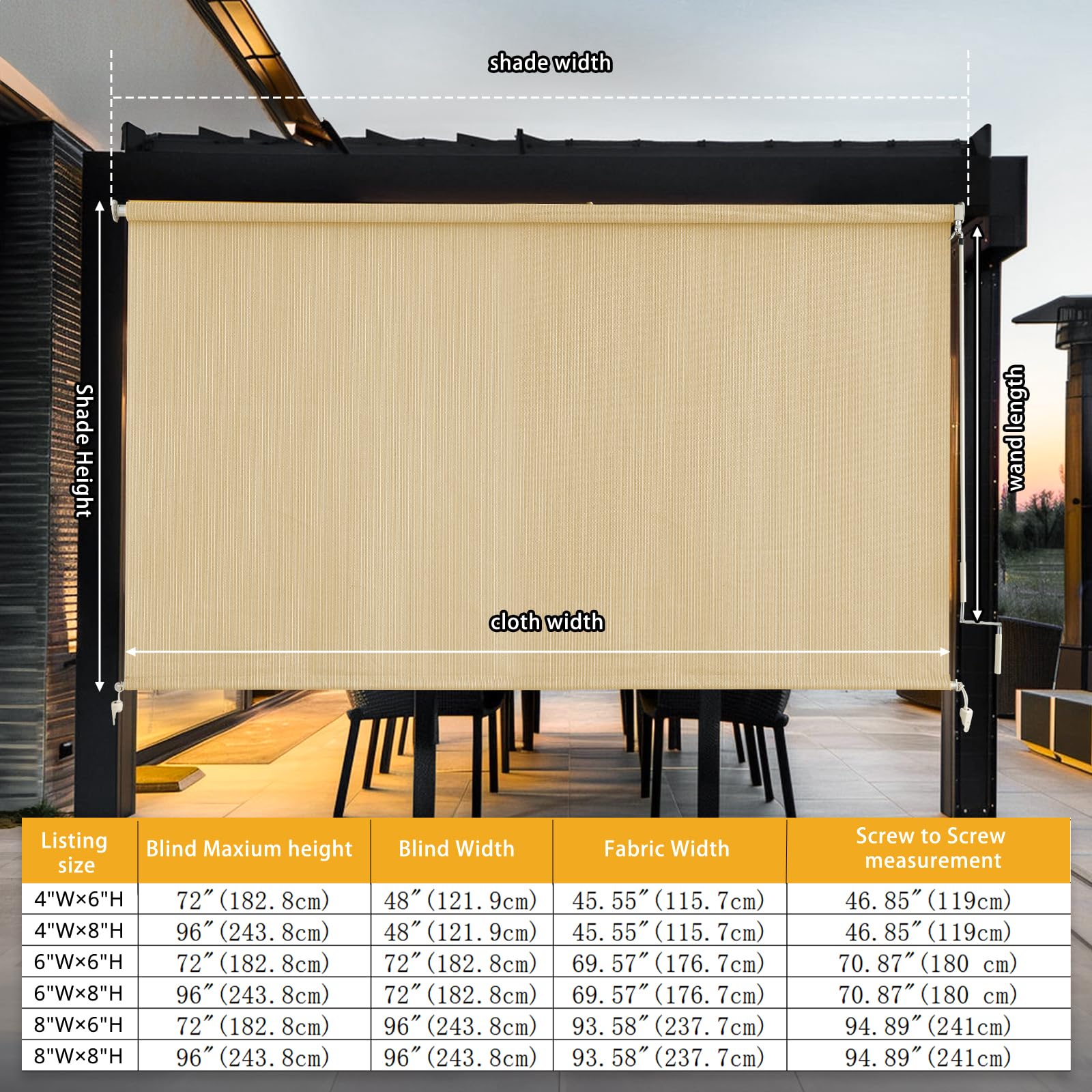 sunoff Outdoor Roller Shades side view with poles