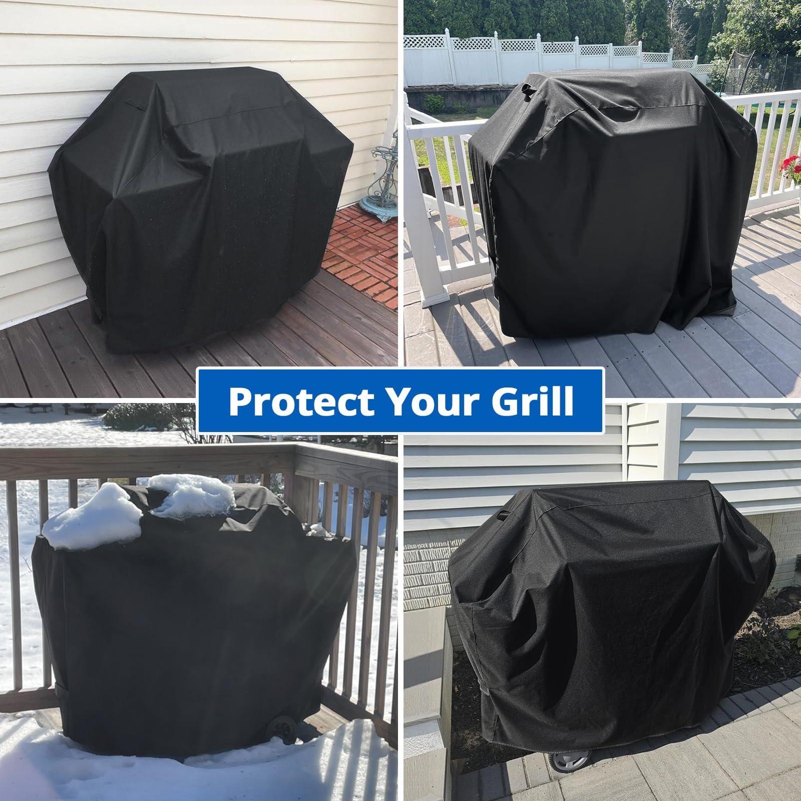 SunPatio 50 Inch Grill Cover black hanging on grill