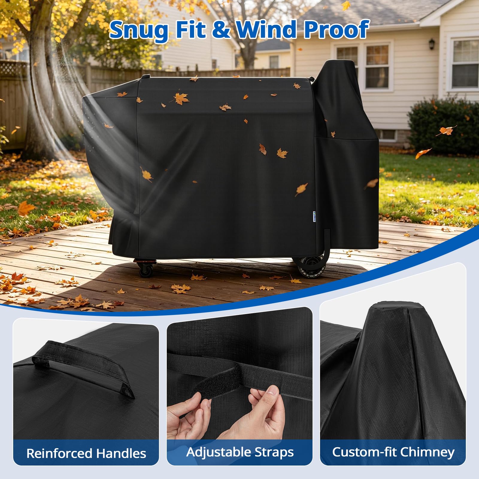 SunPatio BBQ Grill Cover showing secure fit with straps