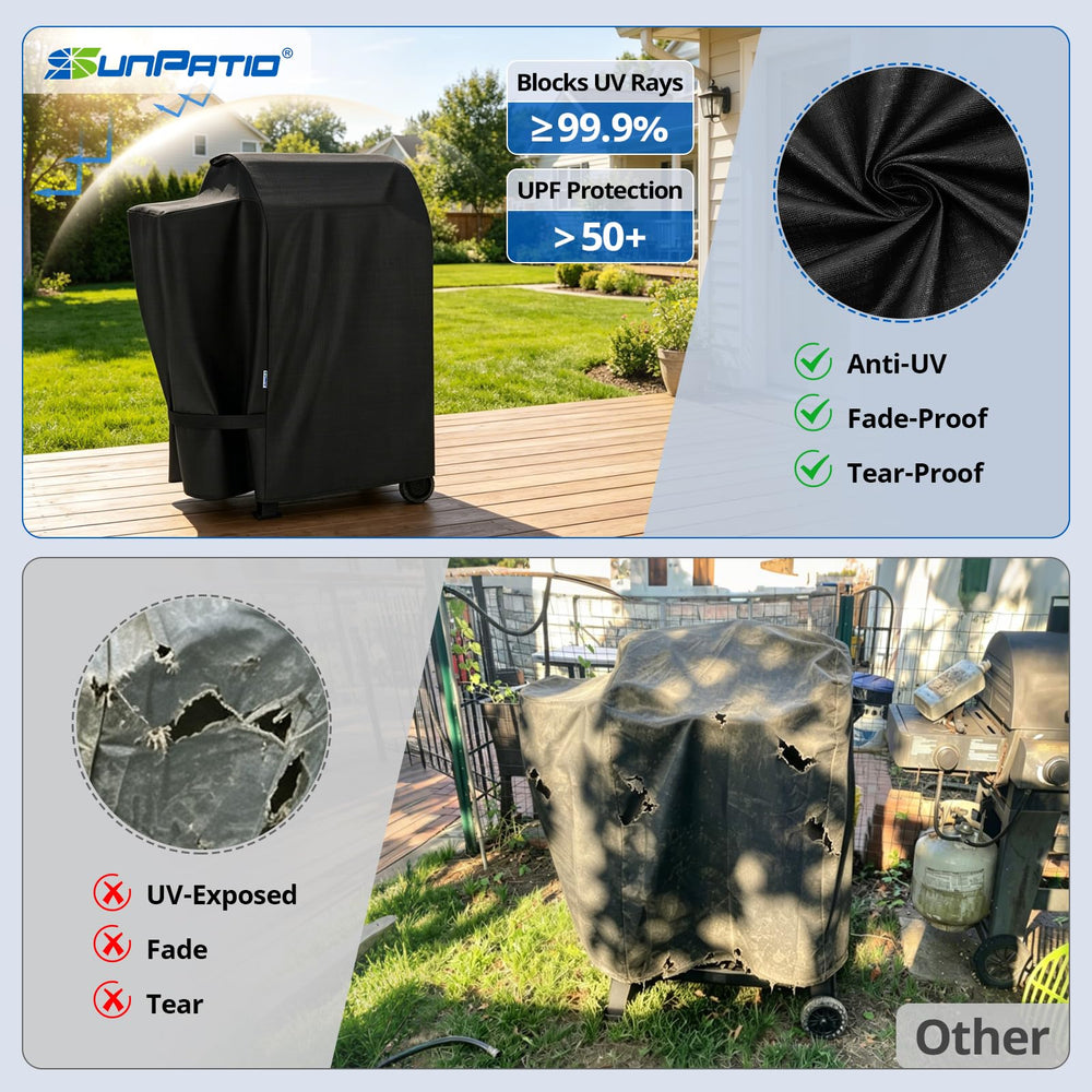 SunPatio Grill Cover black colour displayed on a grill