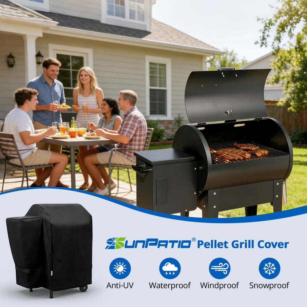 SunPatio grill cover displayed in packaging