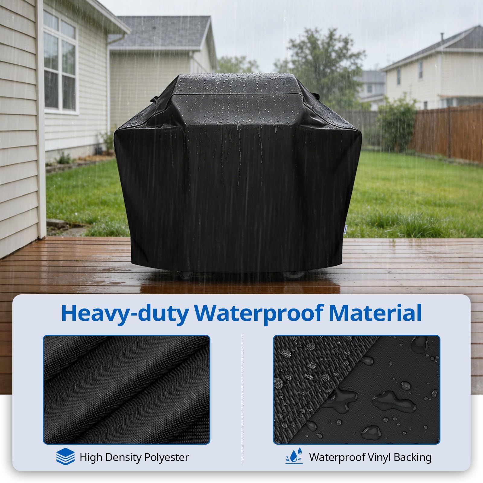 SunPatio grill cover displaying adjustable straps