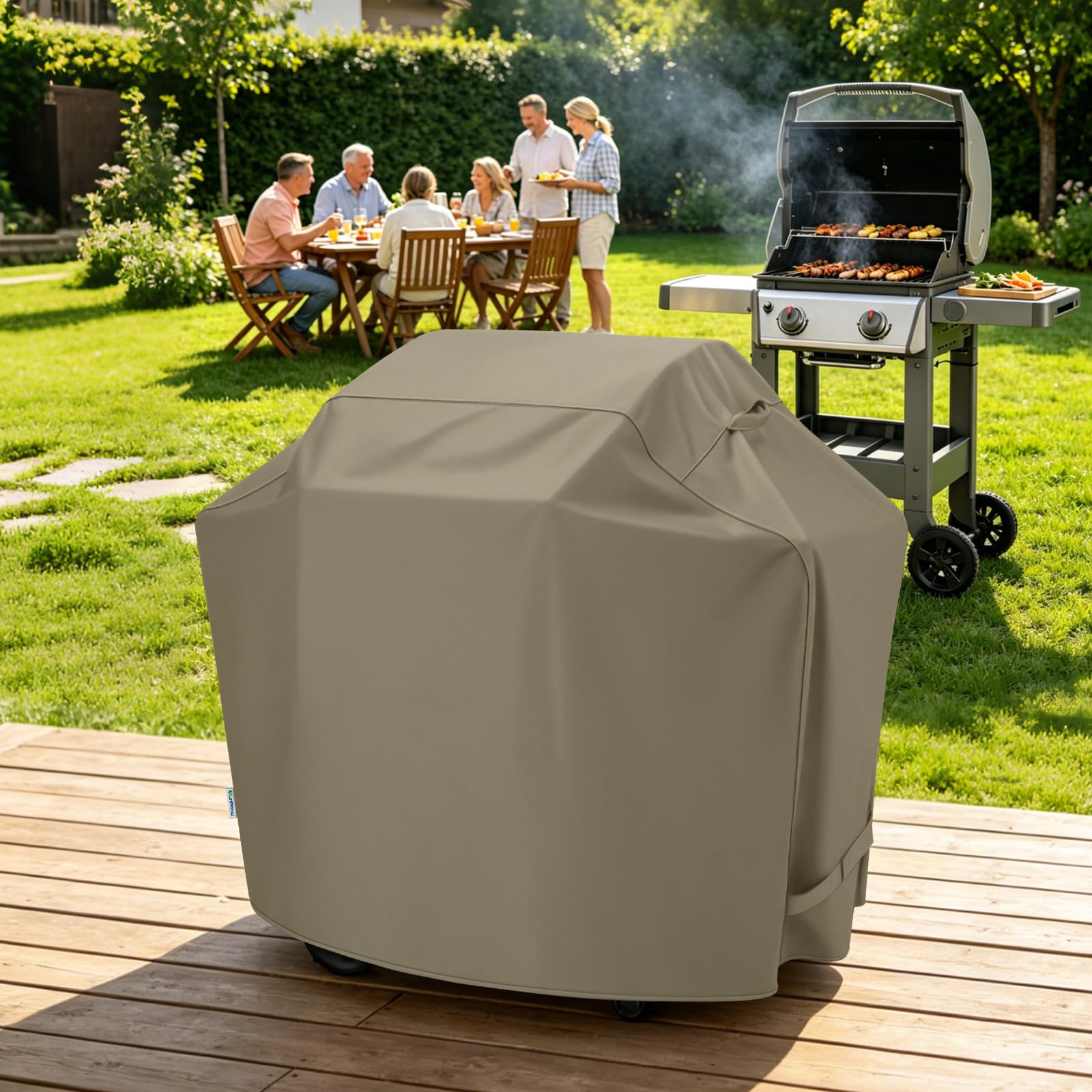 SunPatio grill cover fitting over a grill