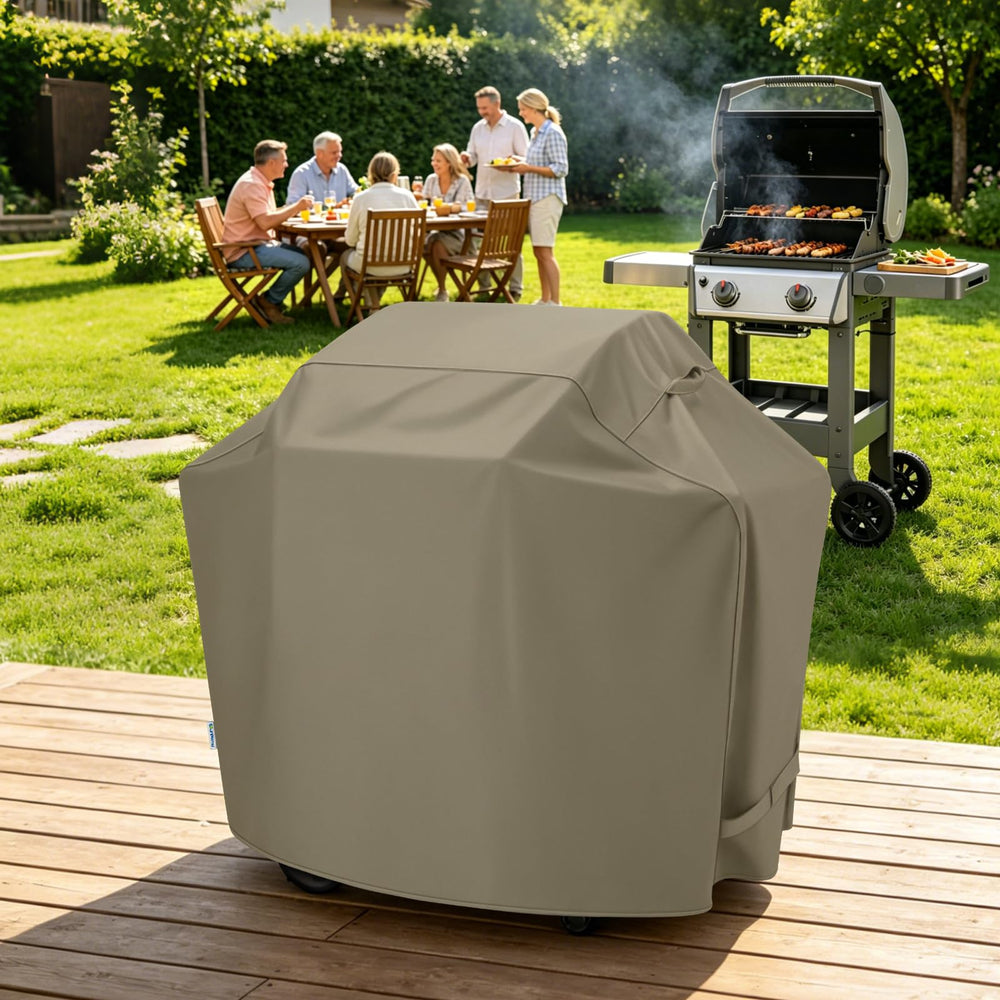 SunPatio grill cover fitting over a grill