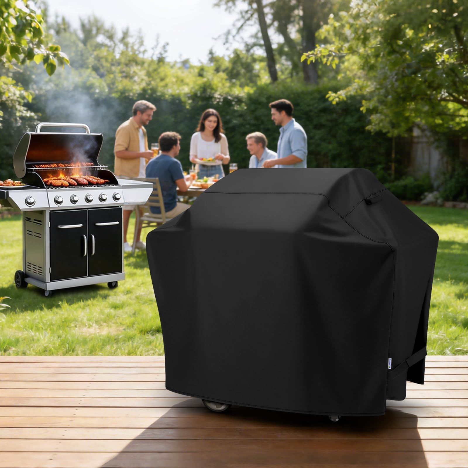 SunPatio grill cover packaging with features