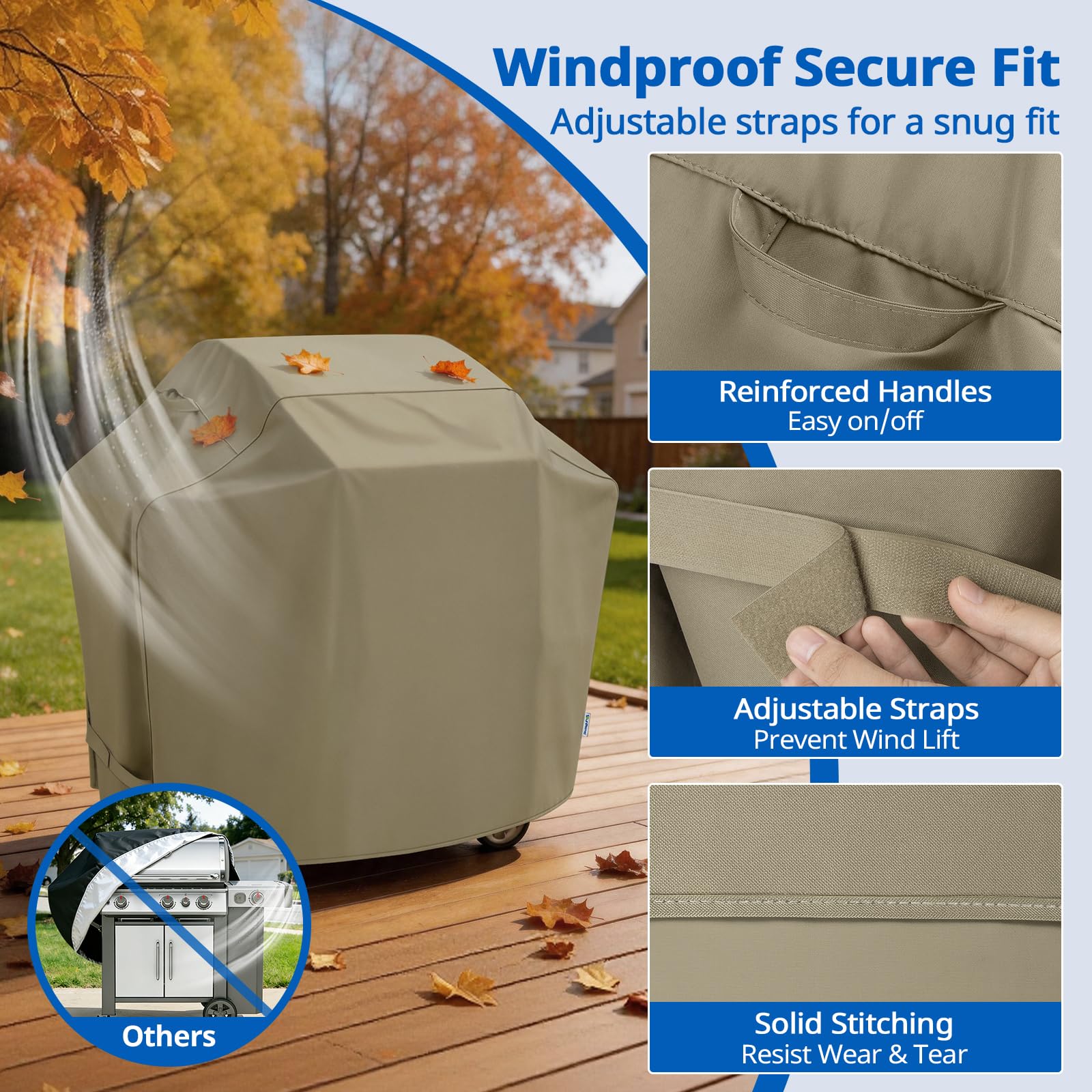 SunPatio grill cover secured with straps on a grill