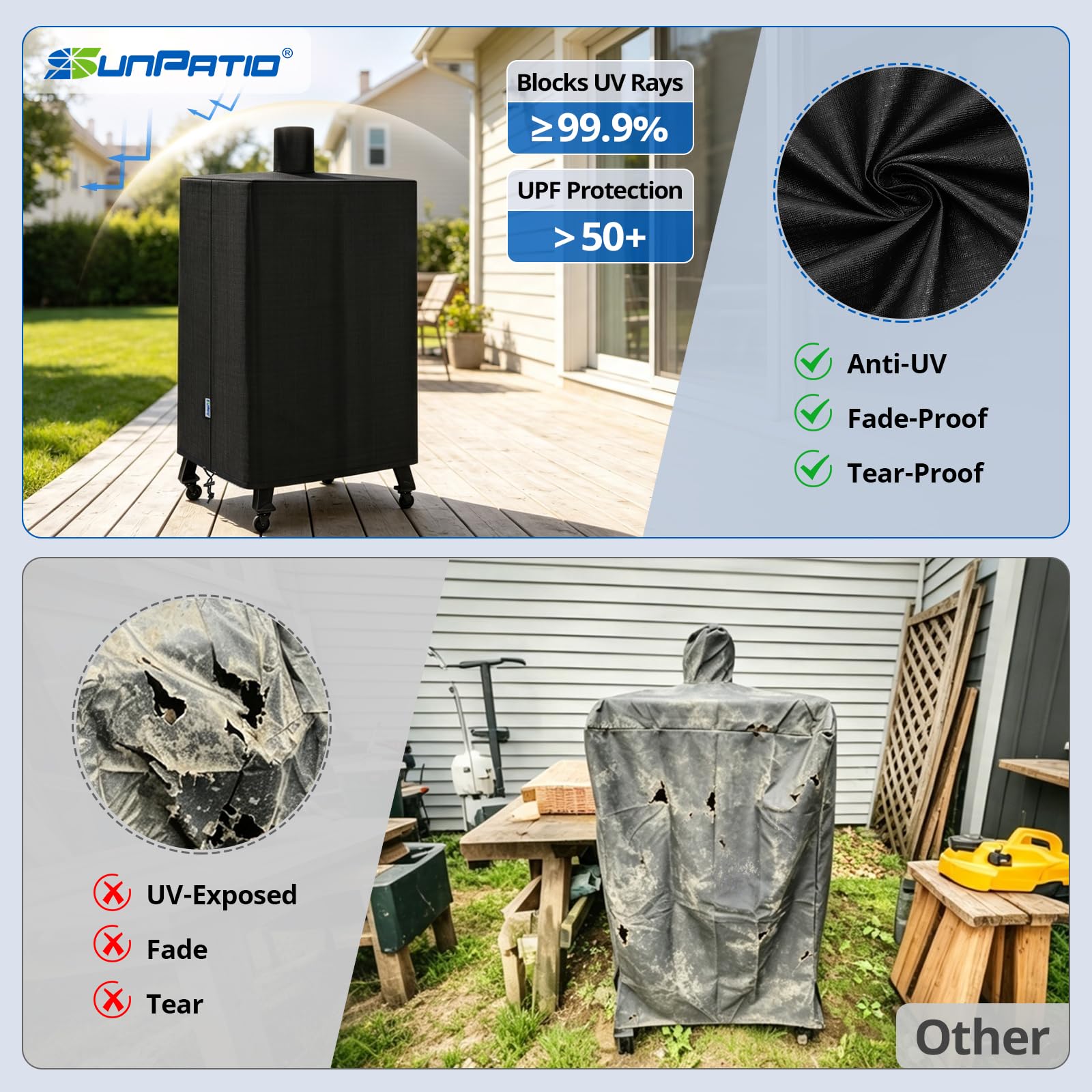 SunPatio Smoker Cover laid out showing dimensions