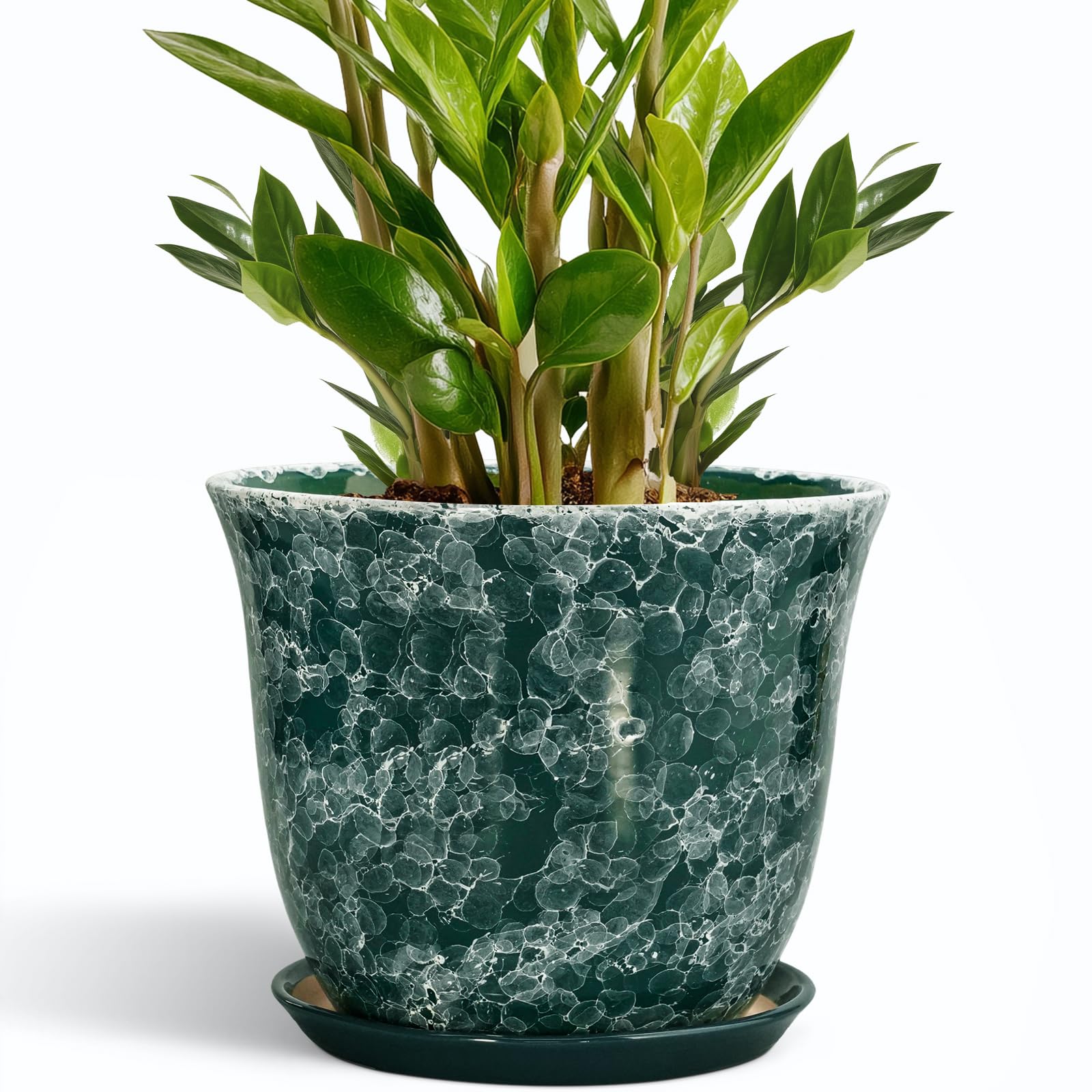 SUNPOTFOR 10 Inch Ceramic Plant Pot in Gemstone Green with Saucer