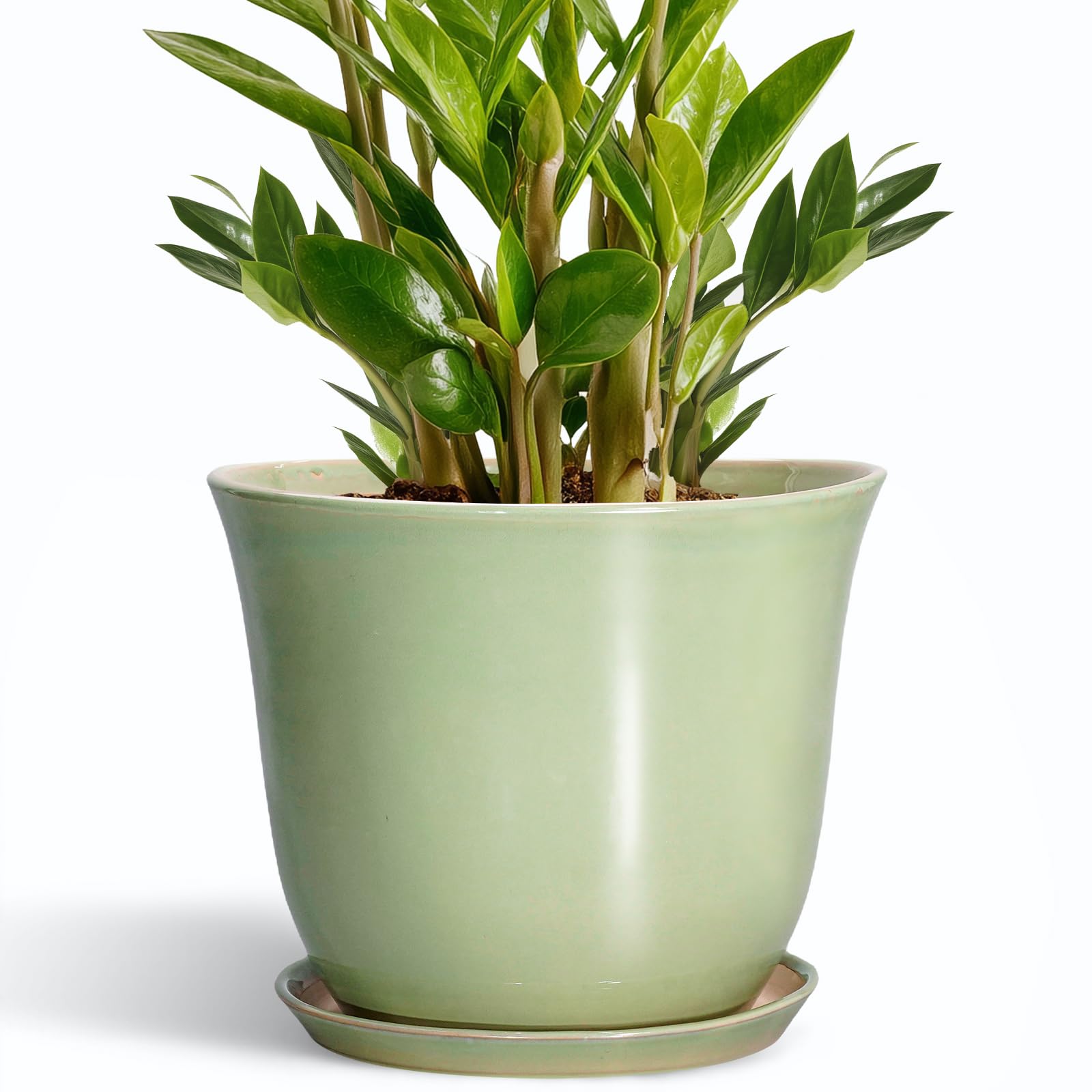 SUNPOTFOR 10 Inch green ceramic planter front view with drainage net