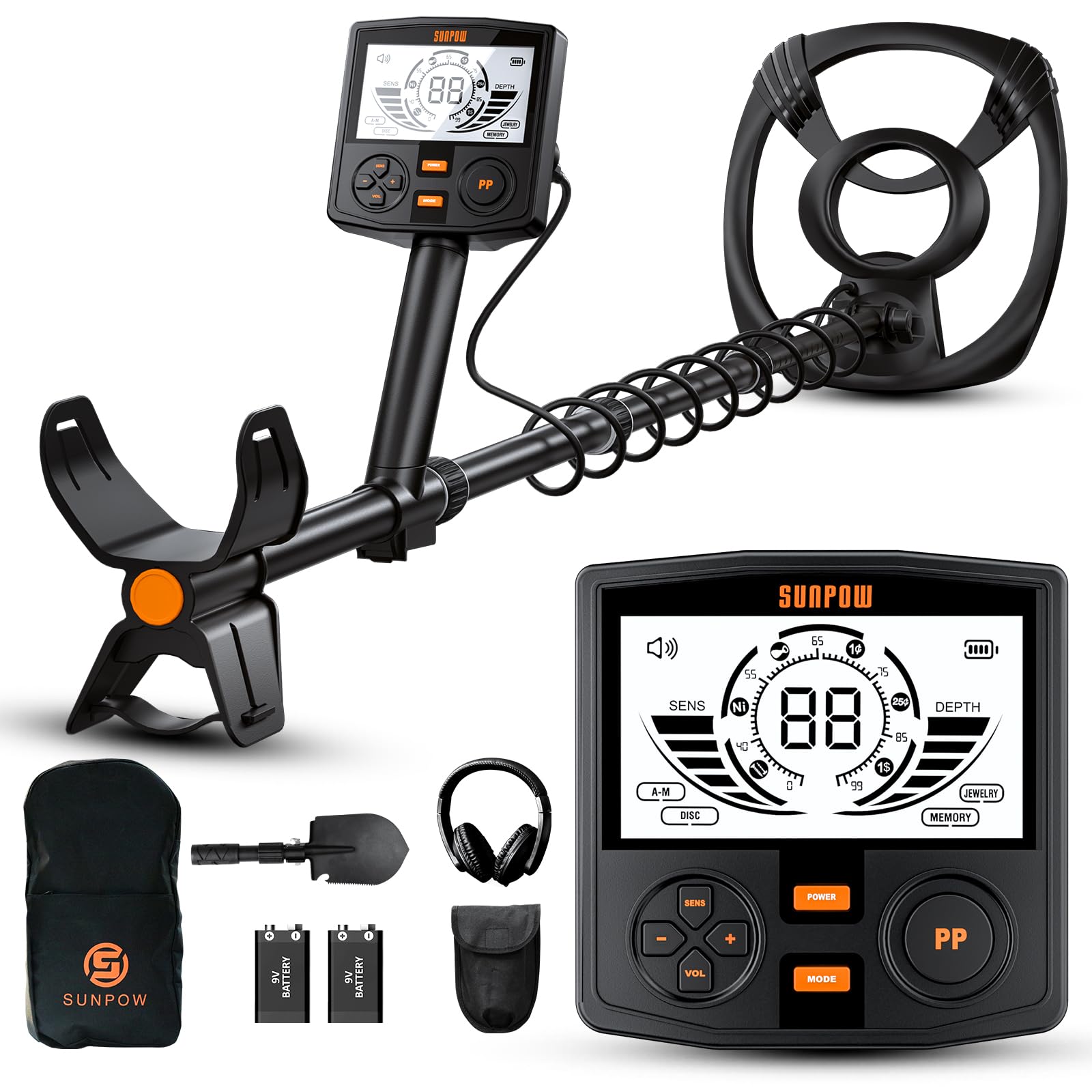 SUNPOW metal detector front view with 12 inch waterproof coil