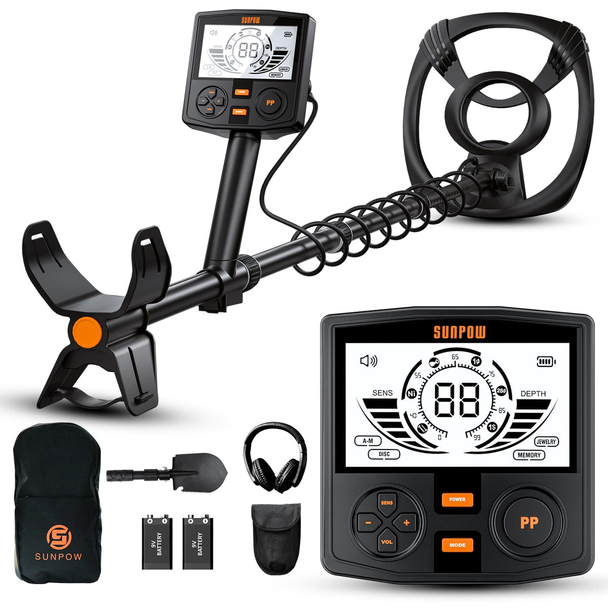 SUNPOW metal detector front view with 12 inch waterproof coil