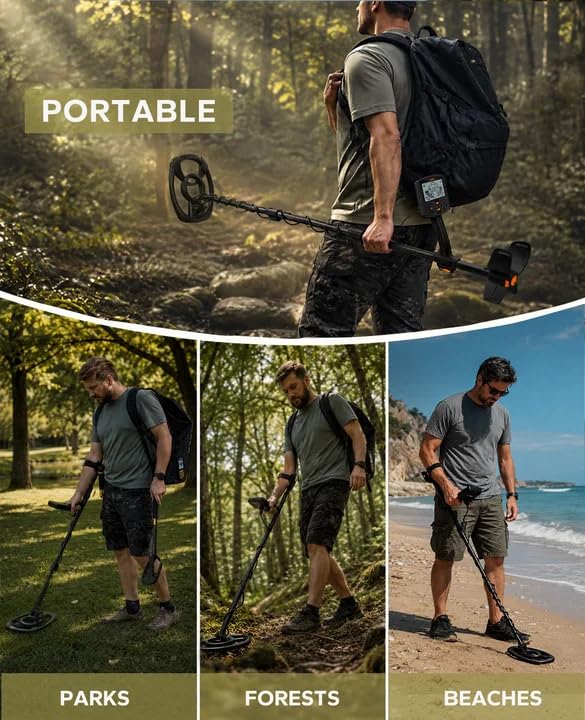 SUNPOW metal detector on sandy beach background