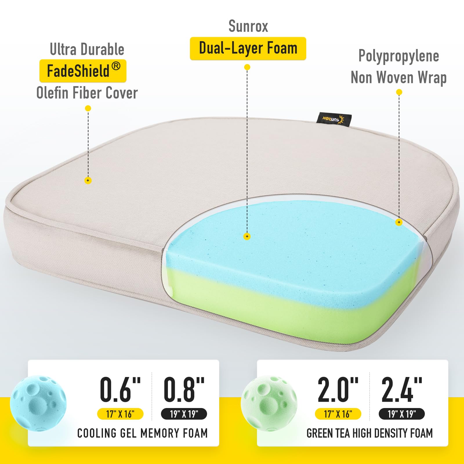 SUNROX Gel Memory Foam Chair Cushion side view, with ties