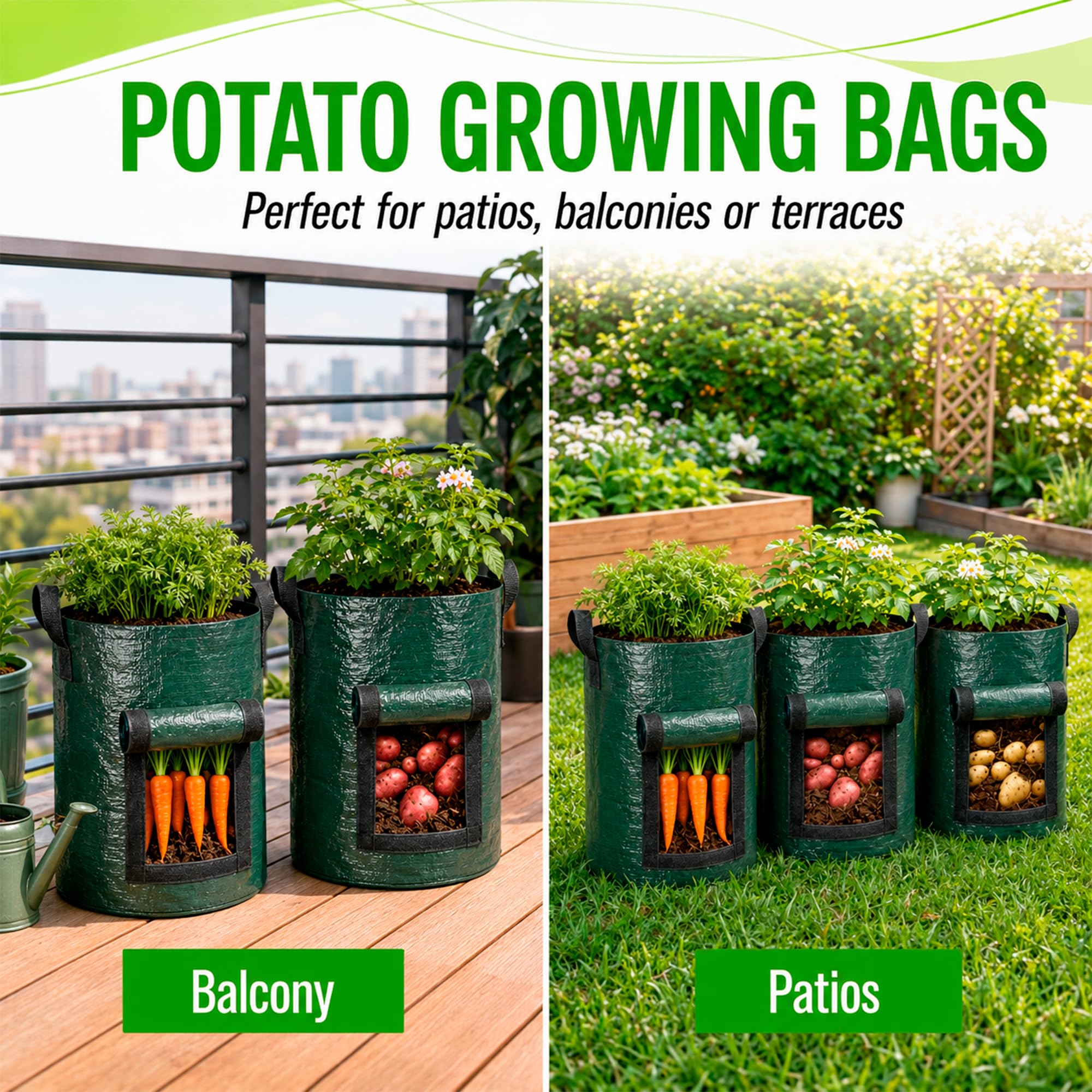 SunVara 10 Gallon Potato Grow Bags details showing weather-resistant material
