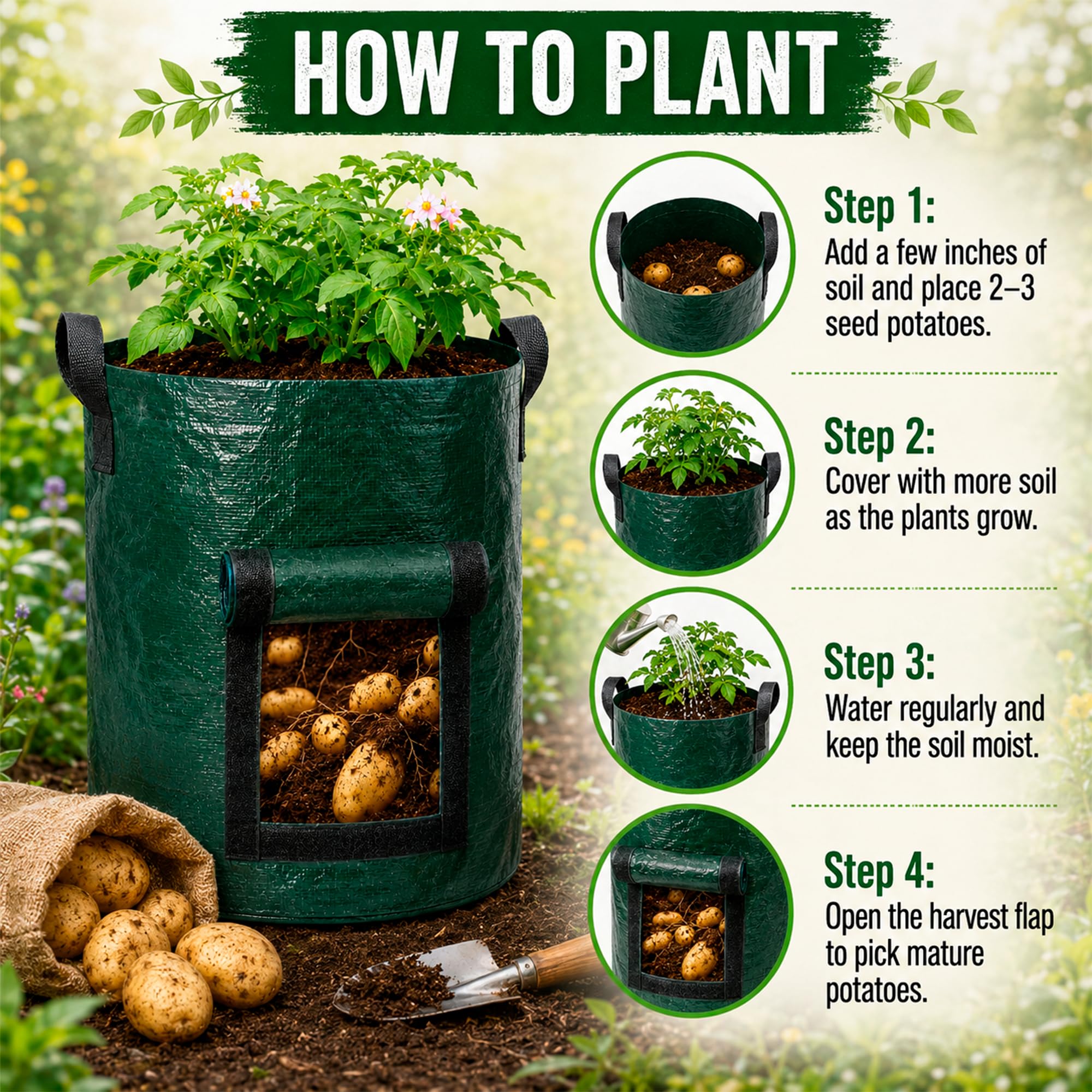 SunVara 10 Gallon Potato Grow Bags in a backyard garden