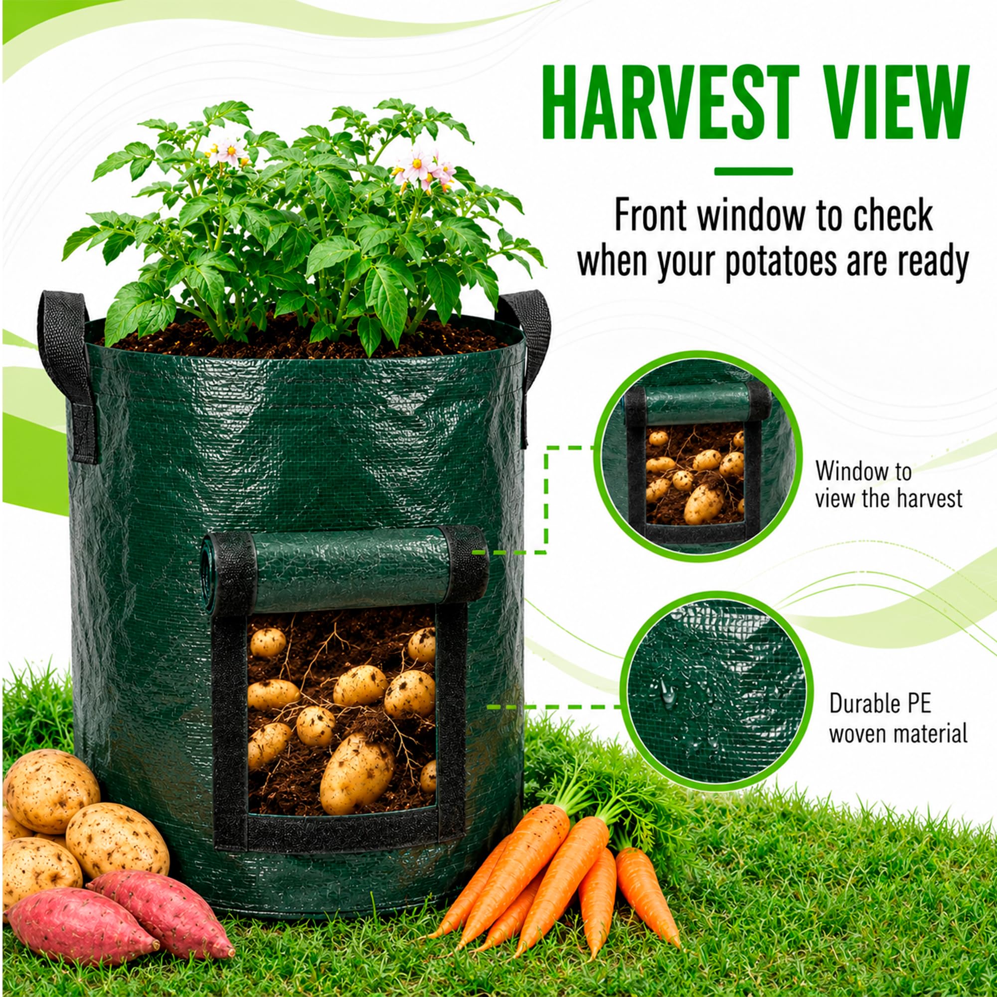 SunVara 10 Gallon Potato Grow Bags side view showing strong carry handles