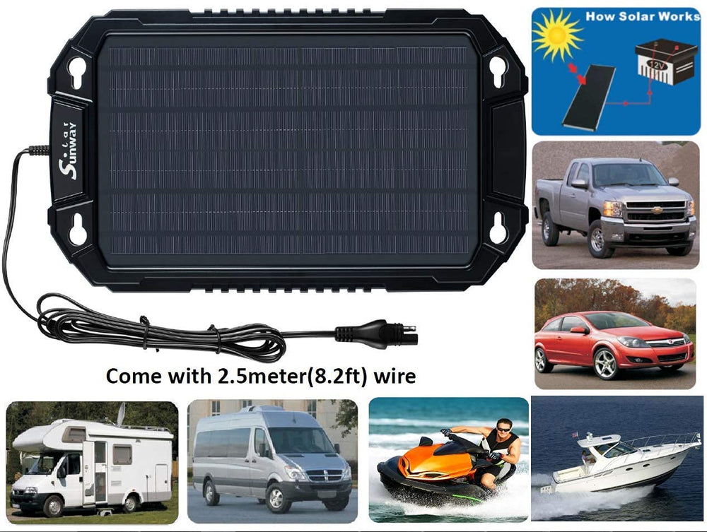Sunway 8W solar panel mounted on a windshield