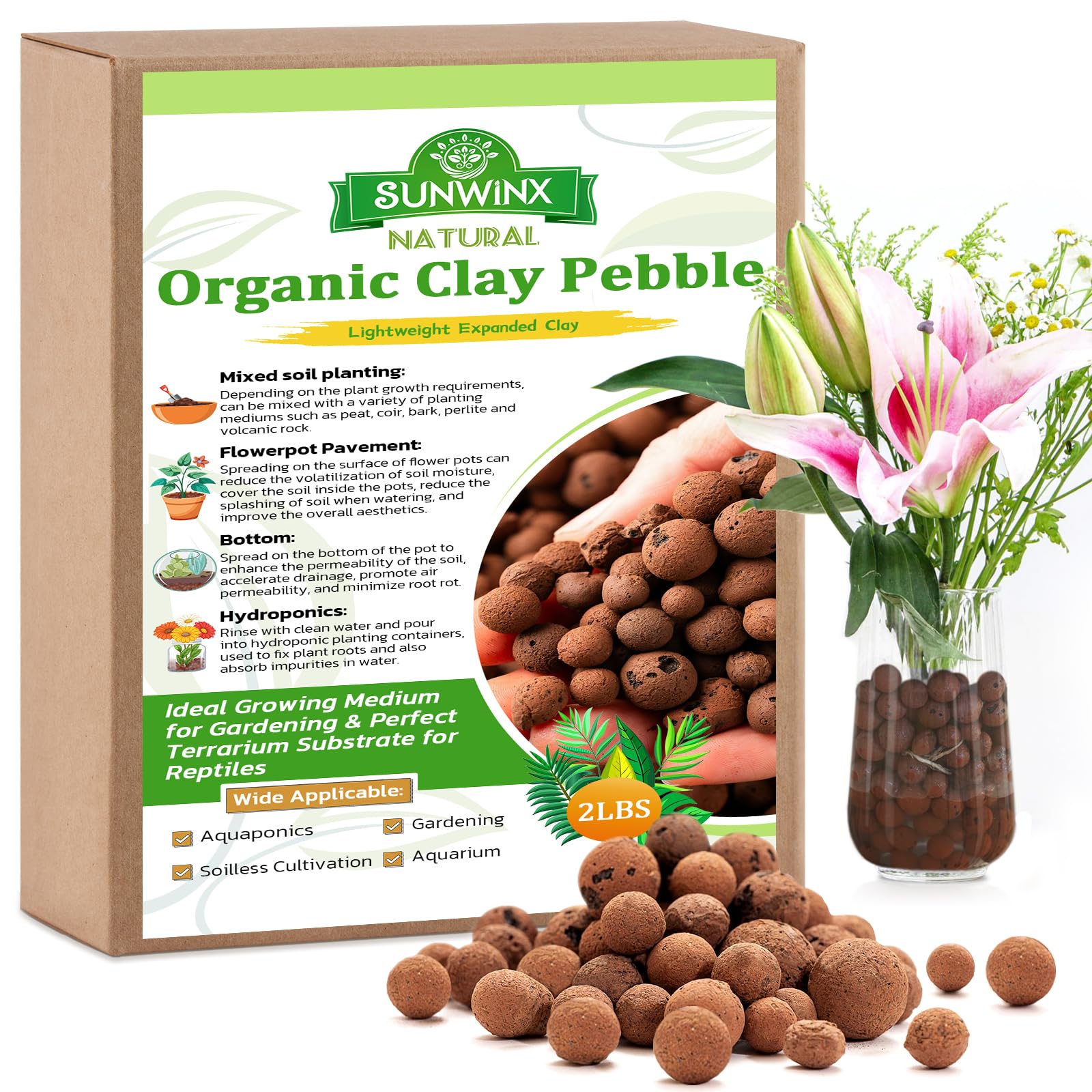 Sunwinx 2LB Organic Leca Clay Pebbles in a brown bag