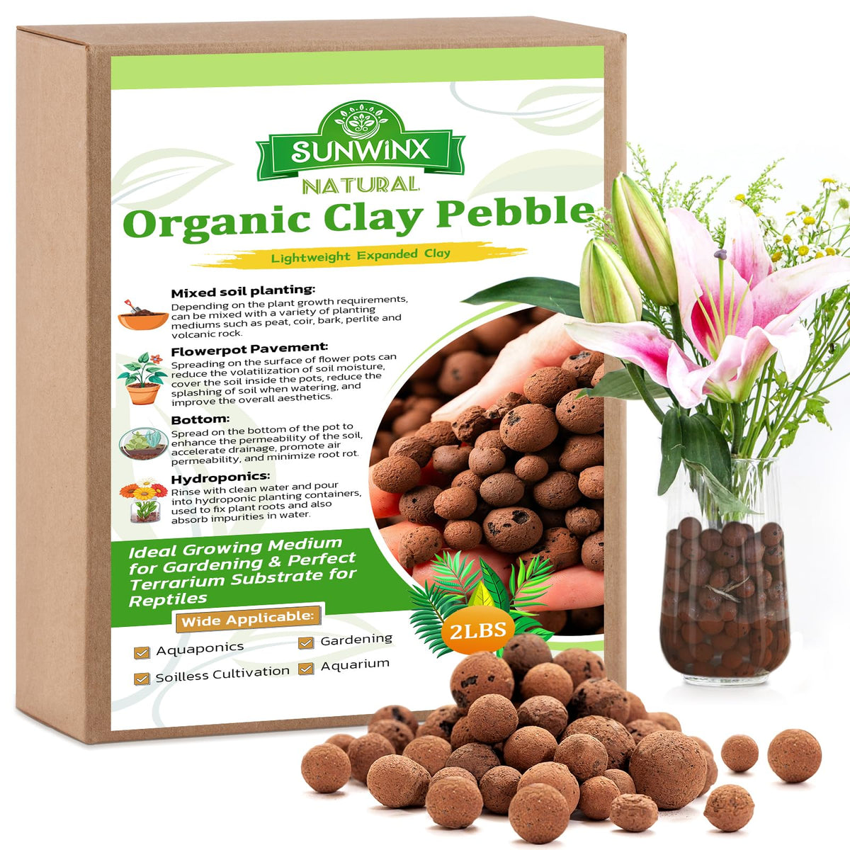 Sunwinx 2LB Organic Leca Clay Pebbles in a brown bag