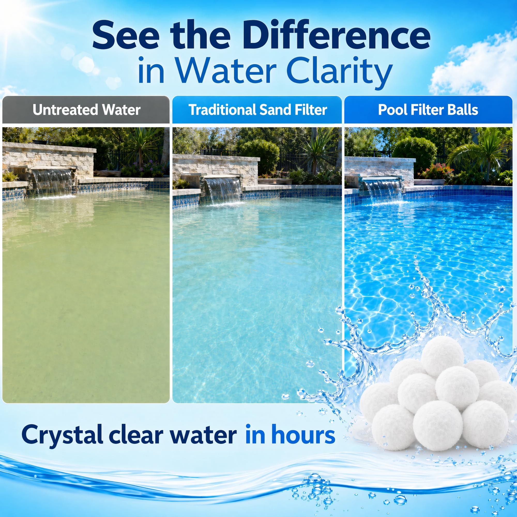 Sunwinx Pool Filter Balls with swimming pool background
