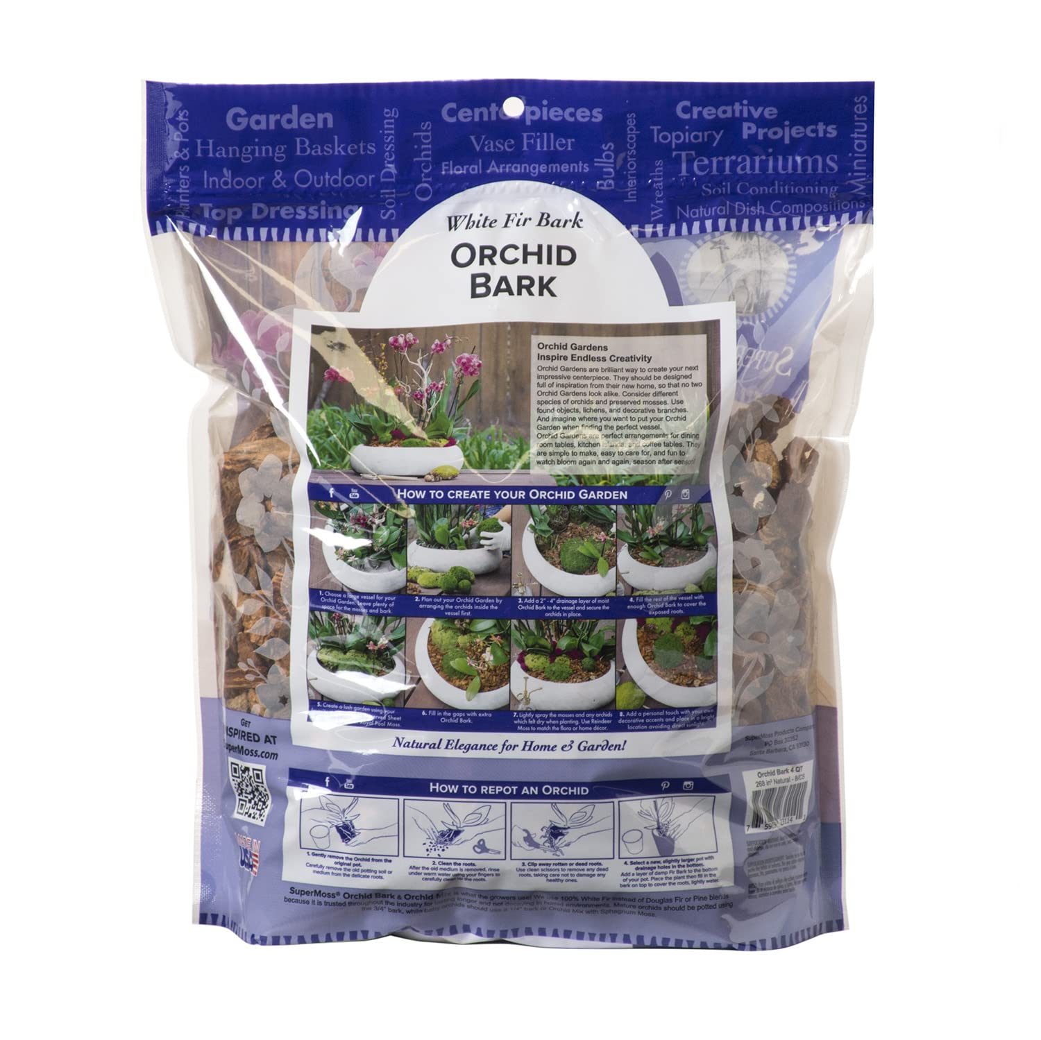 SuperMoss orchid potting bark in a decorative pot with orchids
