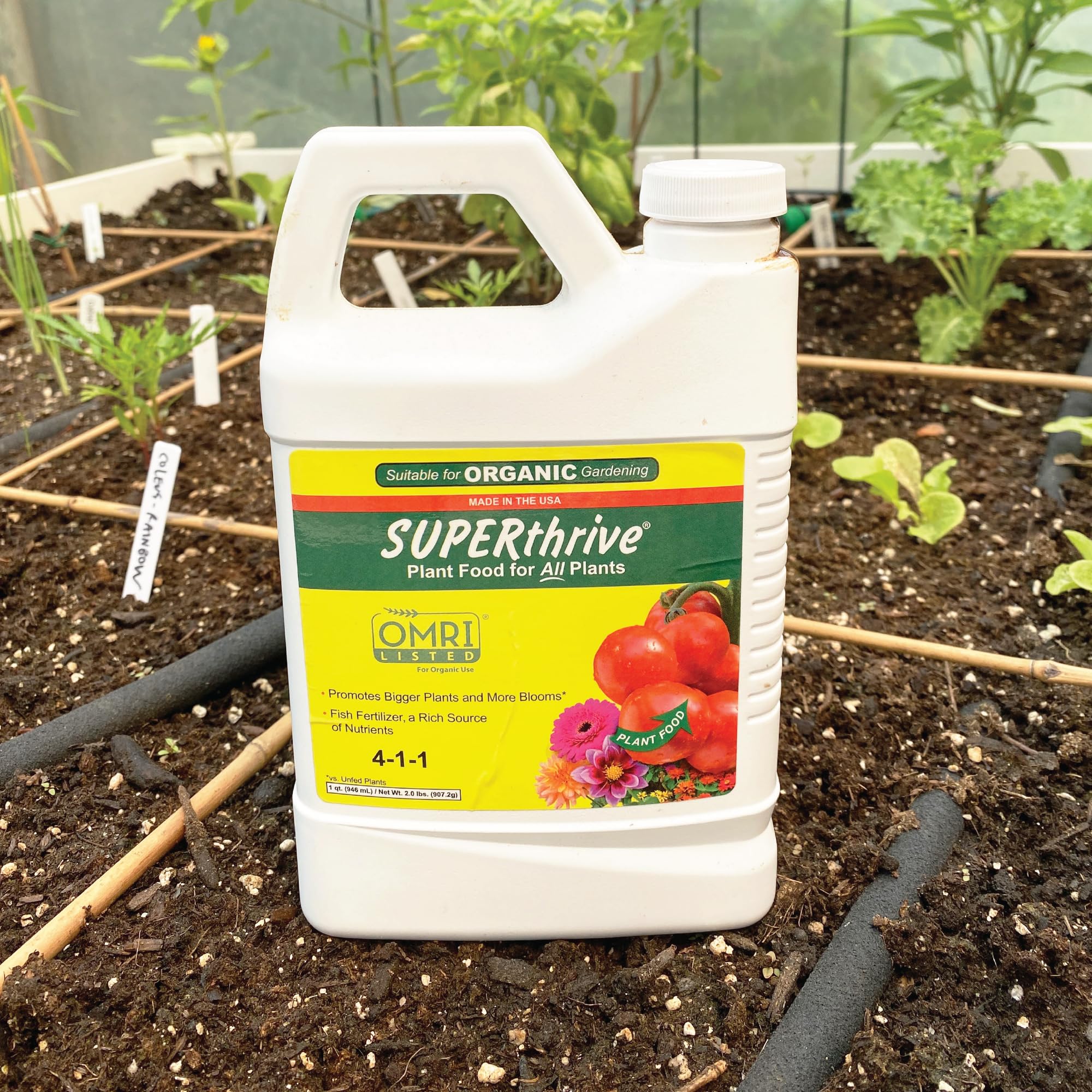 SUPERthrive Plant Food bottle displayed in a garden setting