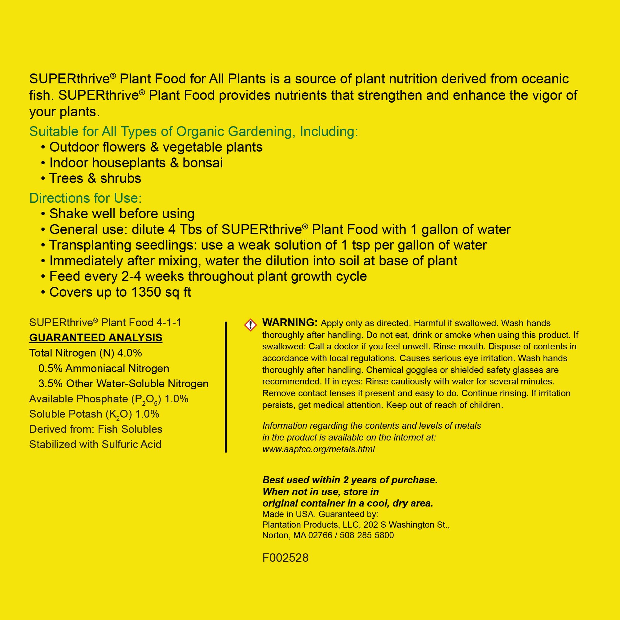 SUPERthrive Plant Food label showcasing ingredients and instructions